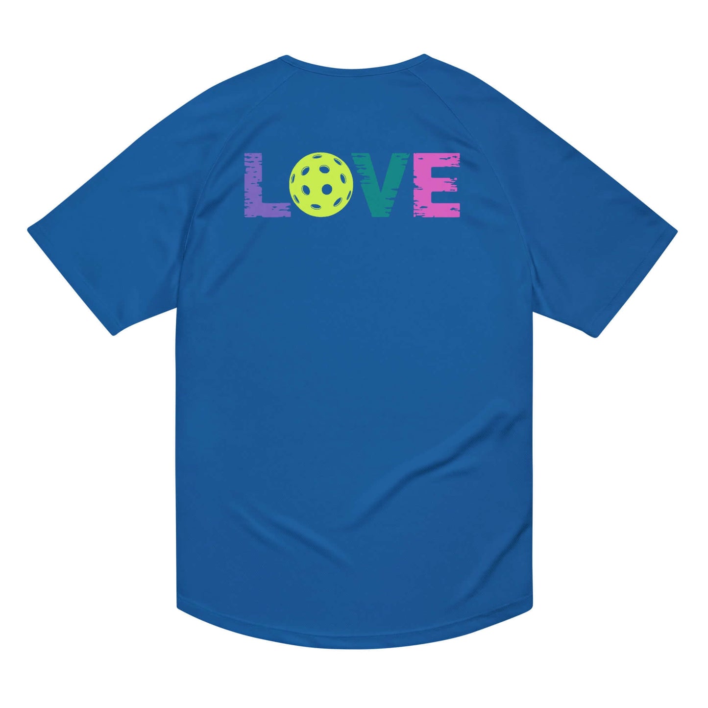 Back view of a blue women's performance shirt featuring a colorful 'LOVE' graphic with a pickleball as the 'O'.