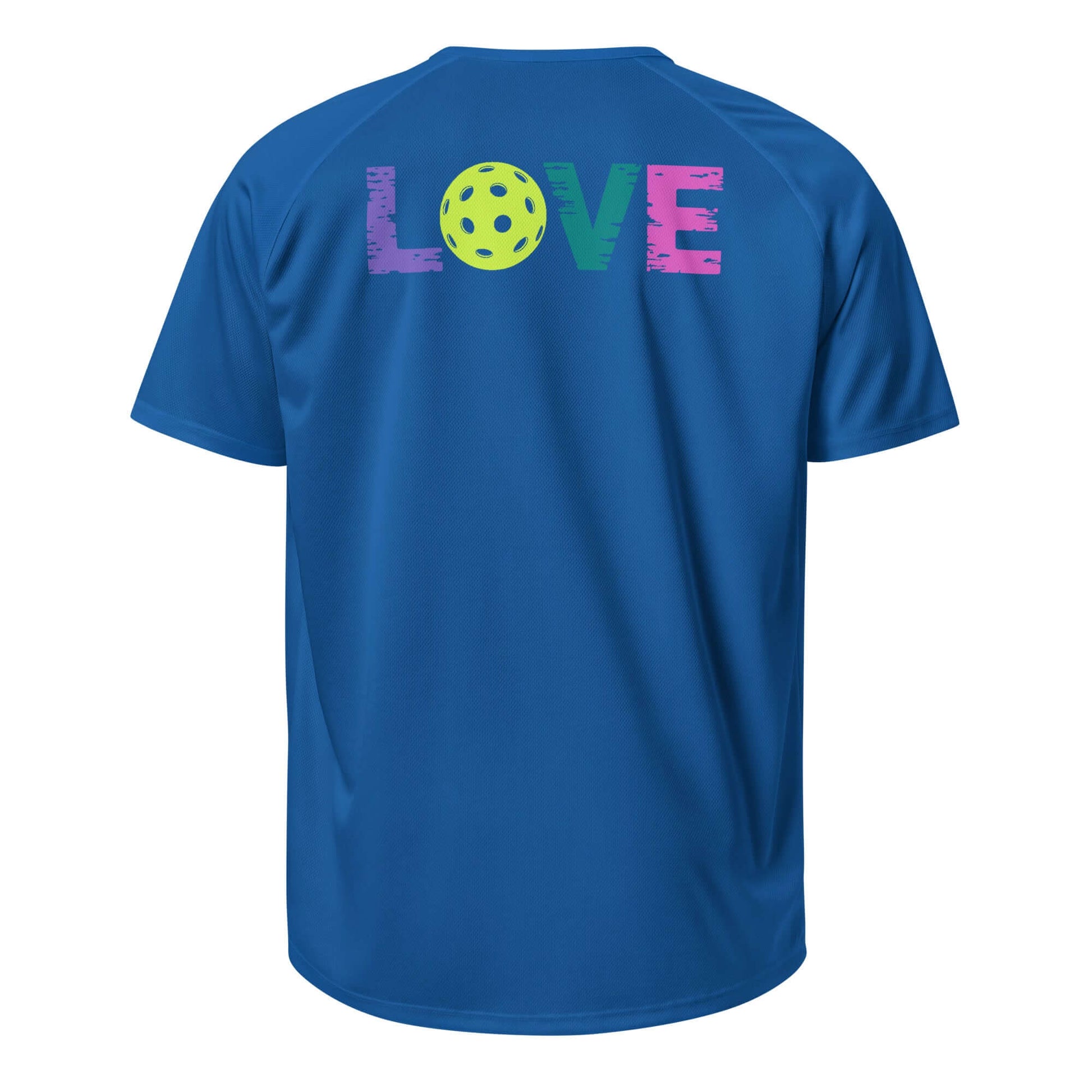 Back view of Women’s LOVE Pickleball Performance Shirt in blue, featuring a colorful graphic and pickleball design.