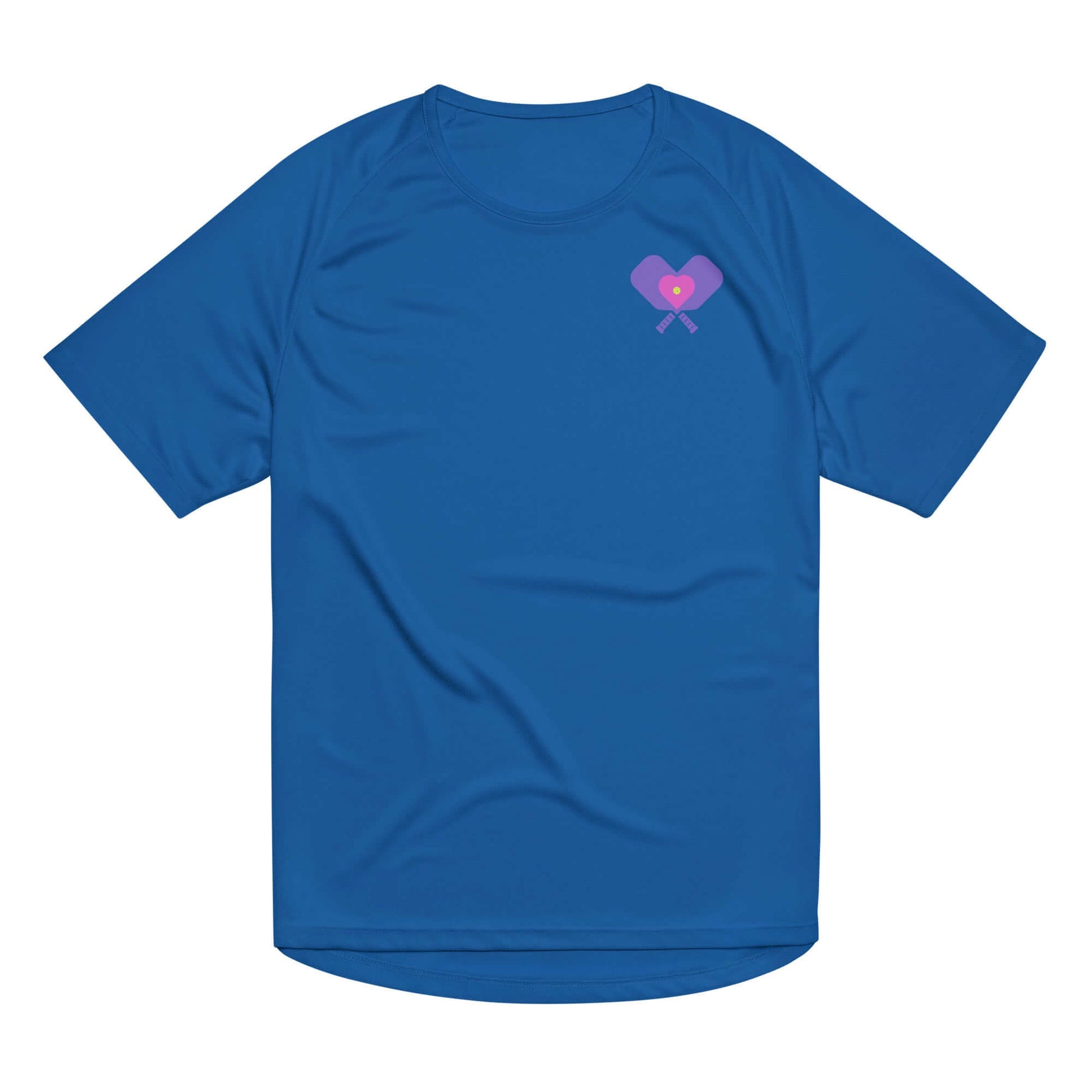 Women’s LOVE Pickleball Performance Shirt in blue with heart and pickleball graphic, perfect for on-court performance.