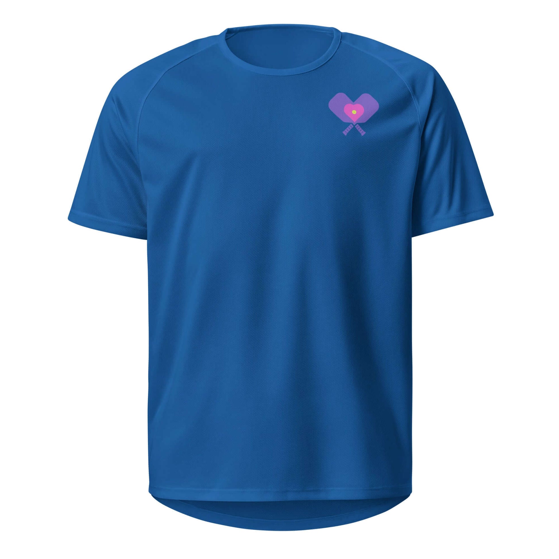 Vibrant blue Women's LOVE Pickleball Performance Shirt featuring a heart and pickleball graphic.