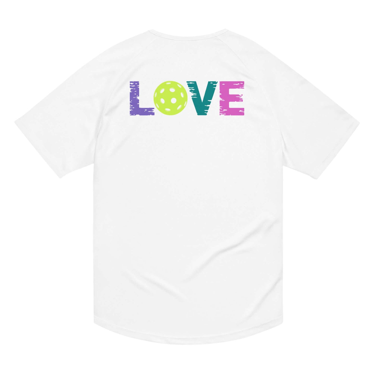 Back view of Women’s LOVE Pickleball Performance Shirt with colorful LOVE graphic and pickleball design.