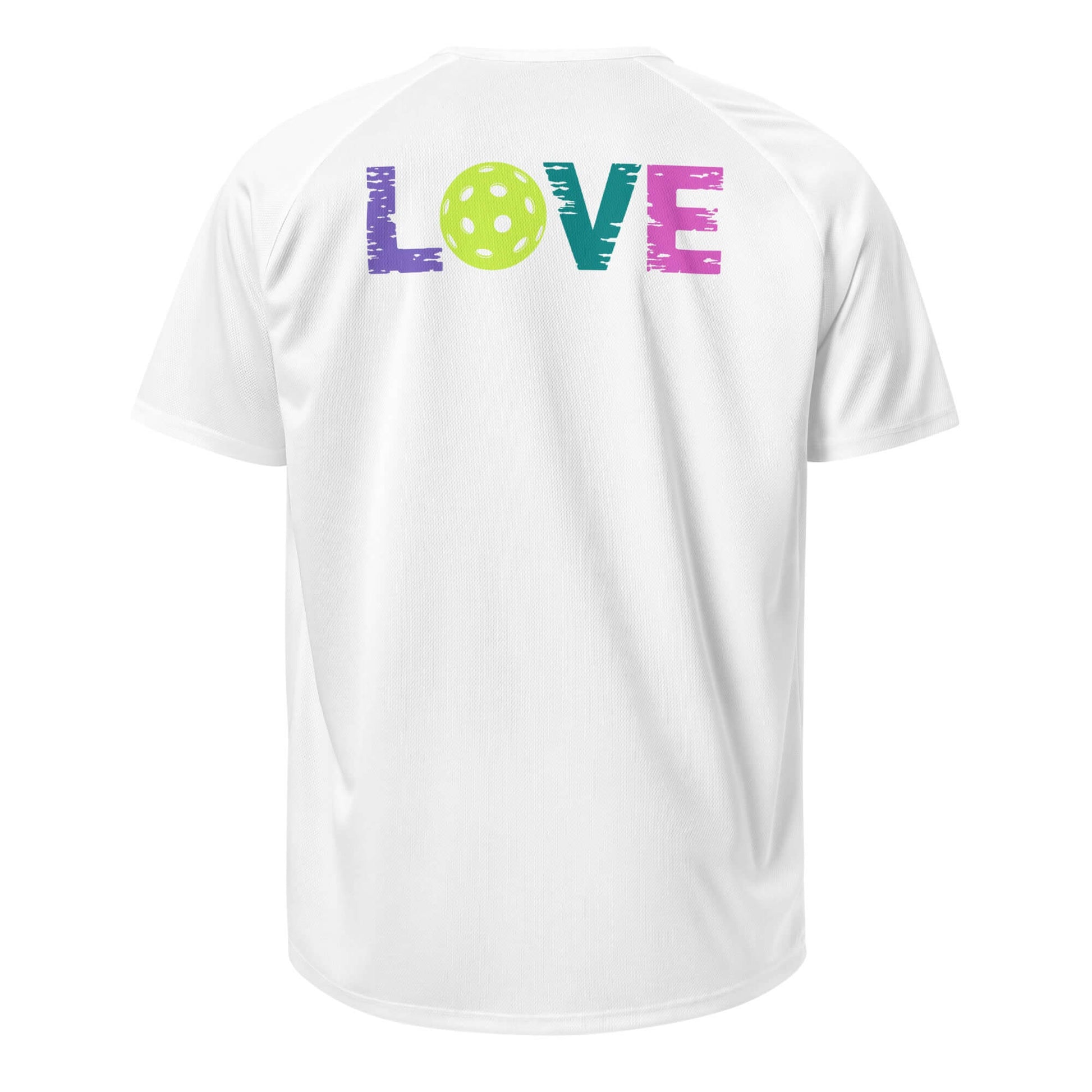 Back view of Women's LOVE Pickleball Performance Shirt featuring vibrant 'LOVE' graphic with pickleball design.