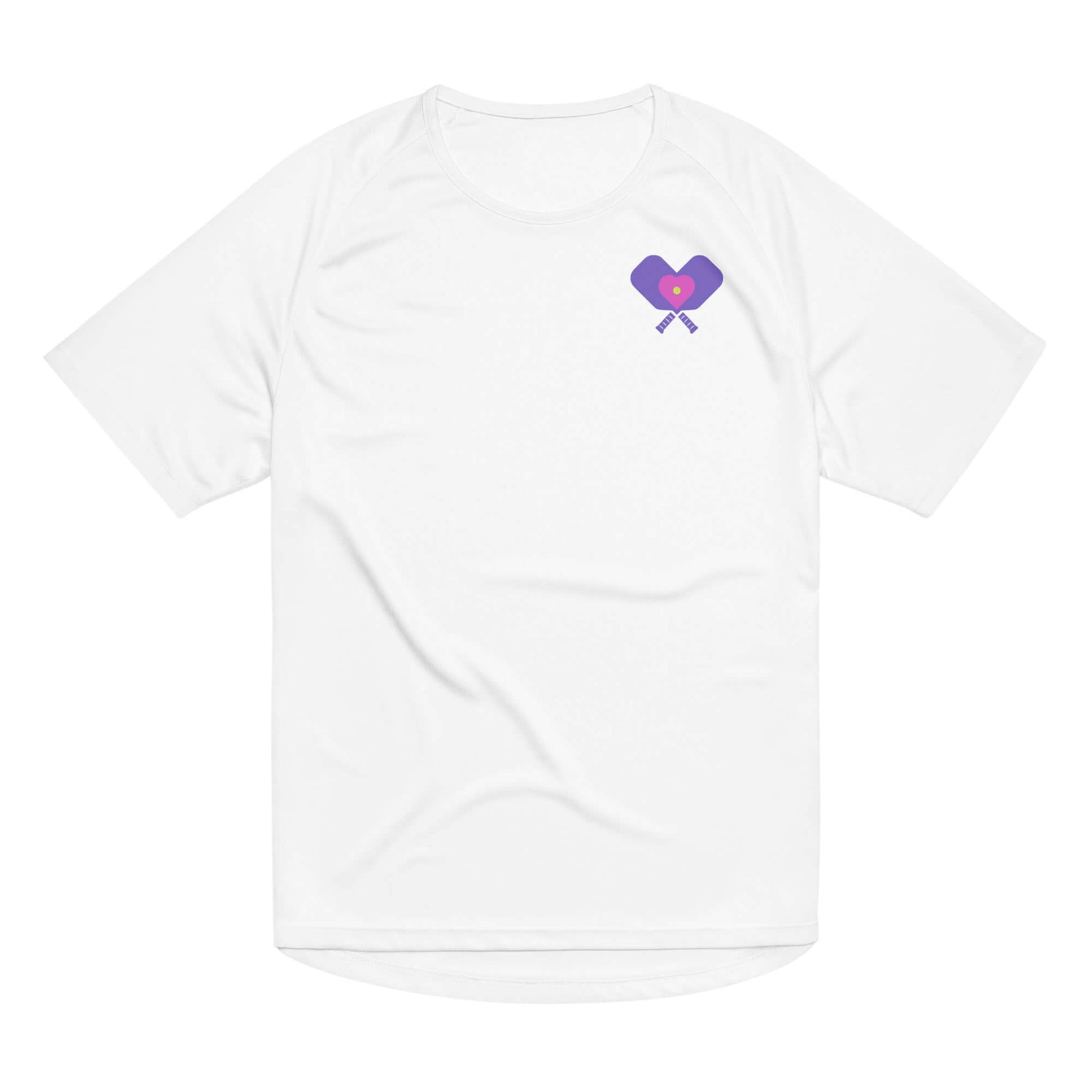 Women’s LOVE Pickleball Performance Shirt with heart and pickleball graphic in vibrant colors.