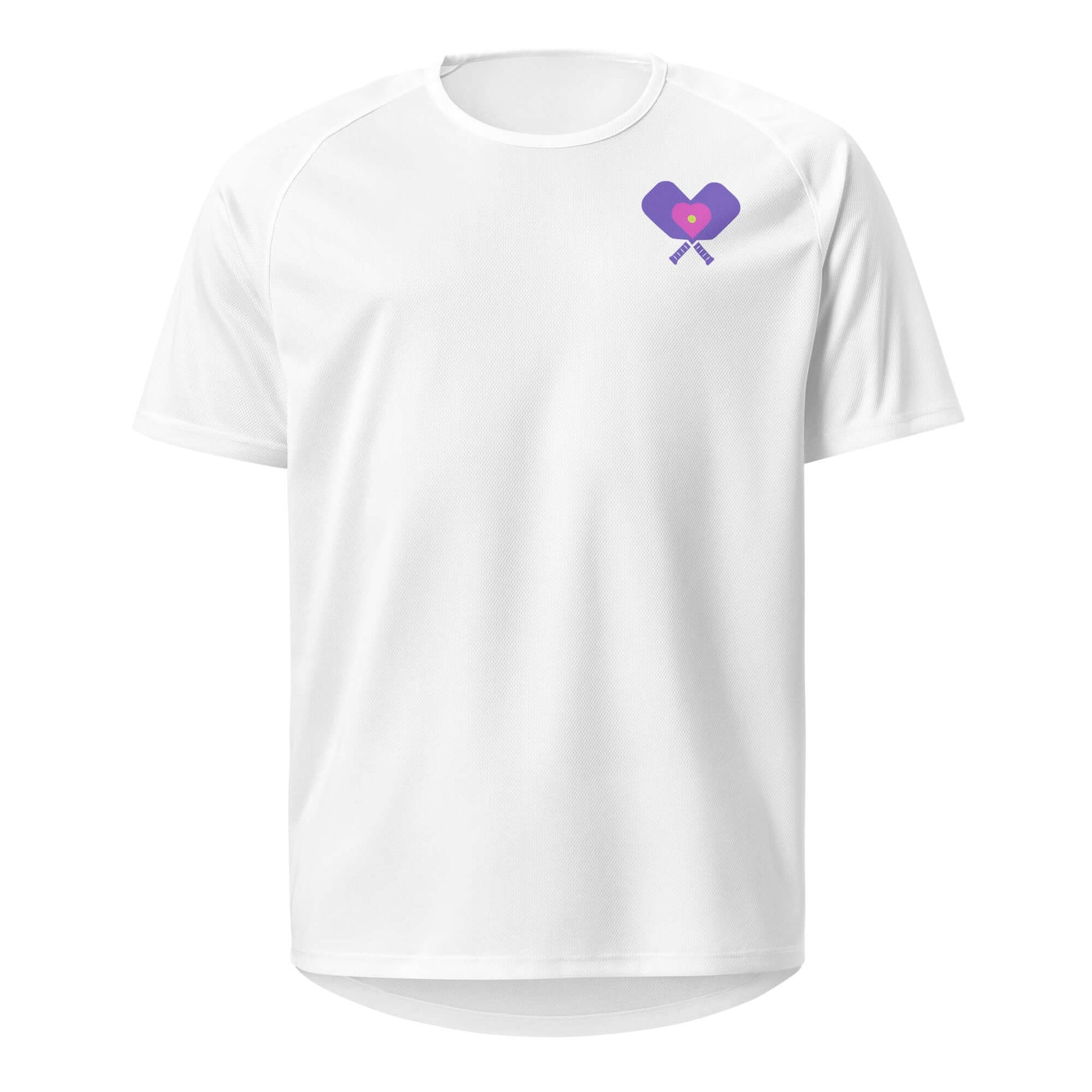 White women’s performance shirt featuring a colorful 'LOVE' graphic and pickleball design.