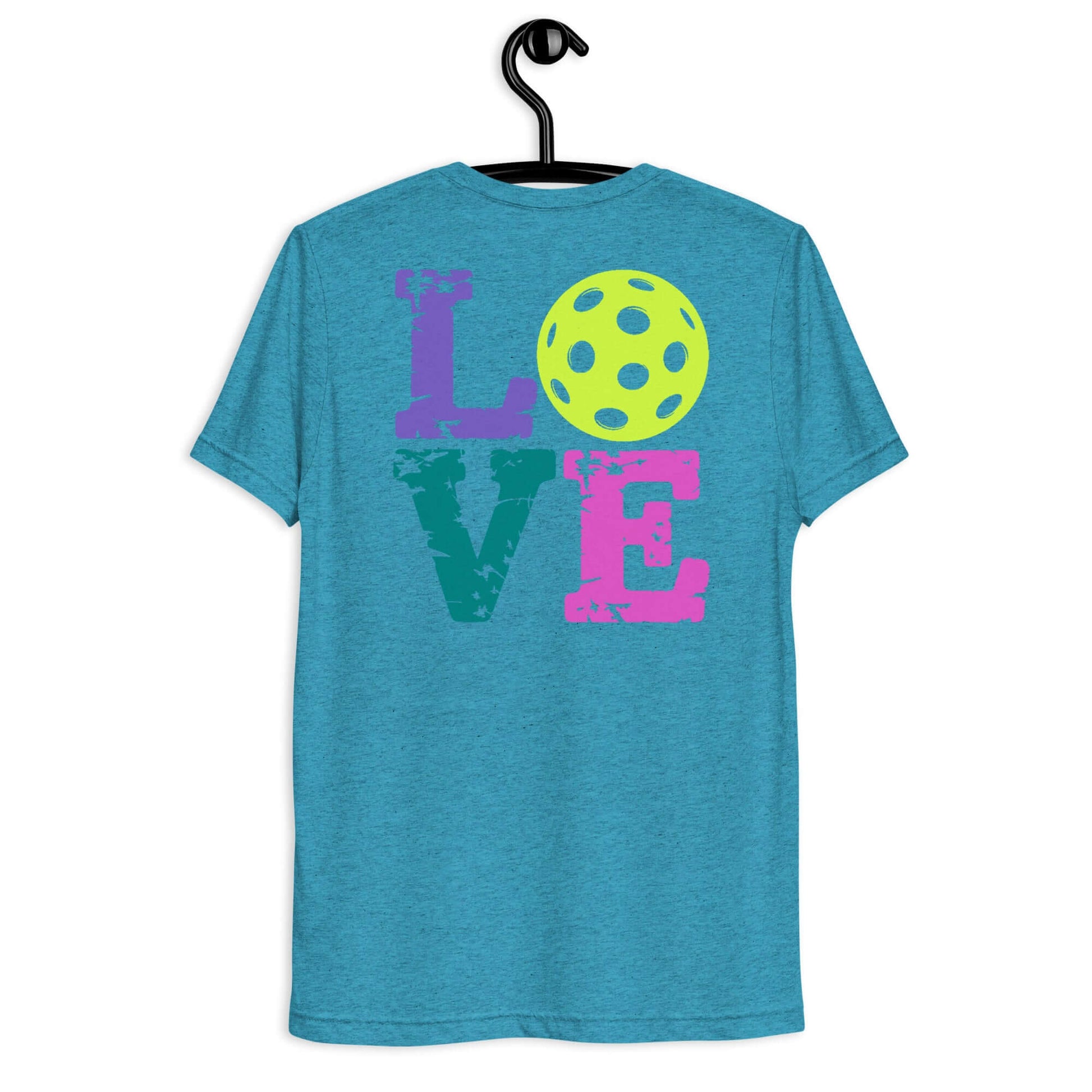 Back view of Women’s LOVE Pickleball Short Sleeve Shirt featuring colorful lettering and a pickleball graphic.