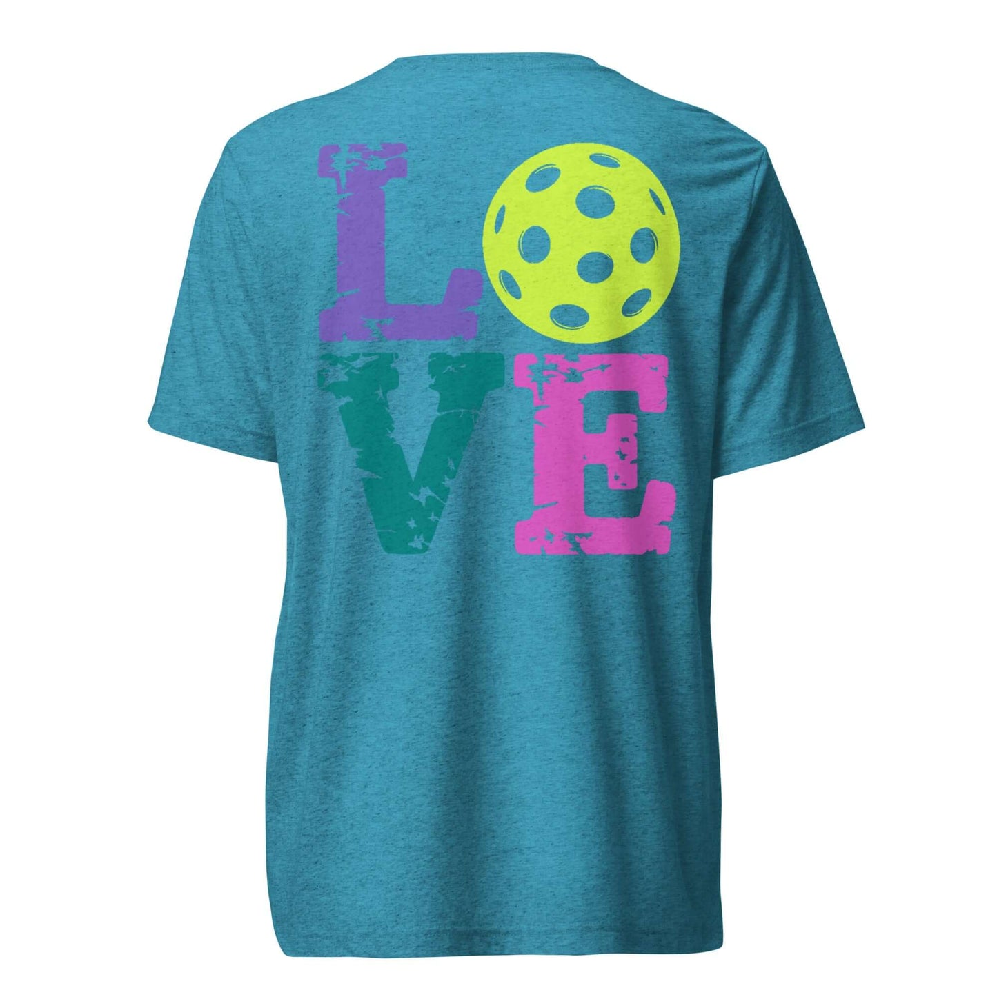 Women’s LOVE Pickleball Short Sleeve Shirt with colorful 'LOVE' design and pickleball graphic on back.