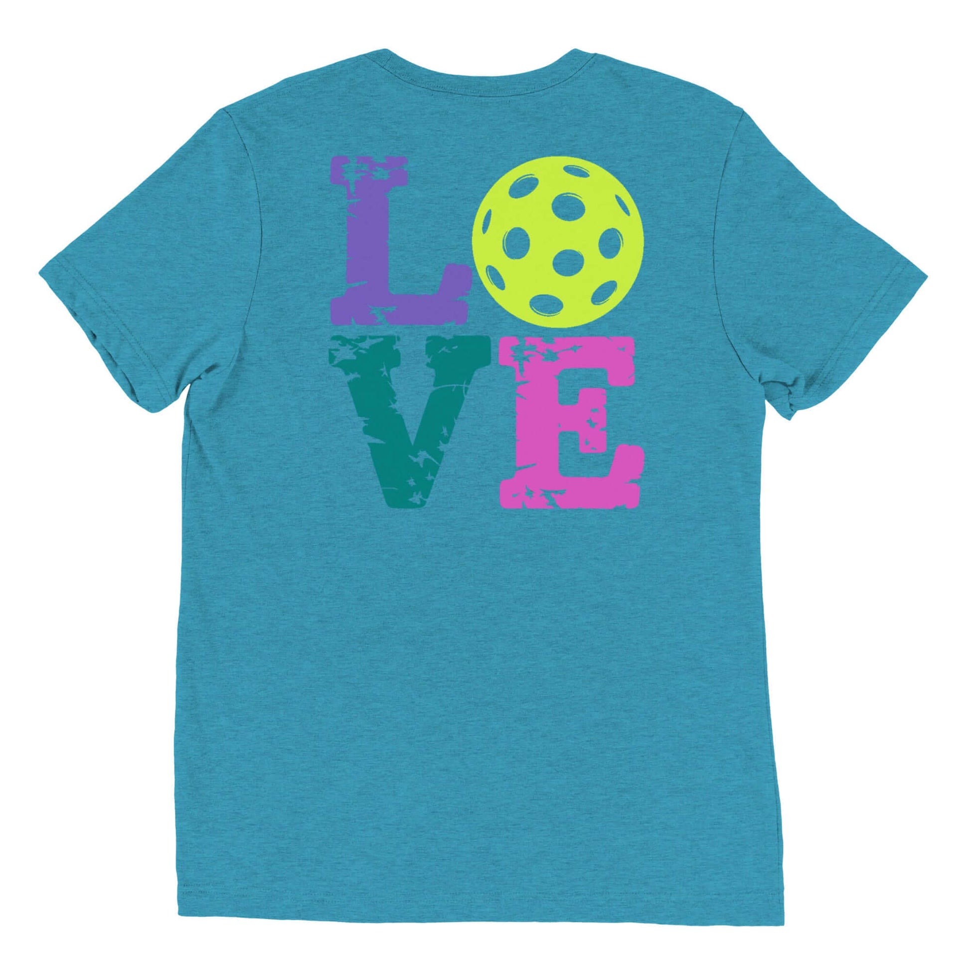 Back view of Women's LOVE Pickleball Short Sleeve Shirt in teal with colorful 'LOVE' graphic and pickleball design.