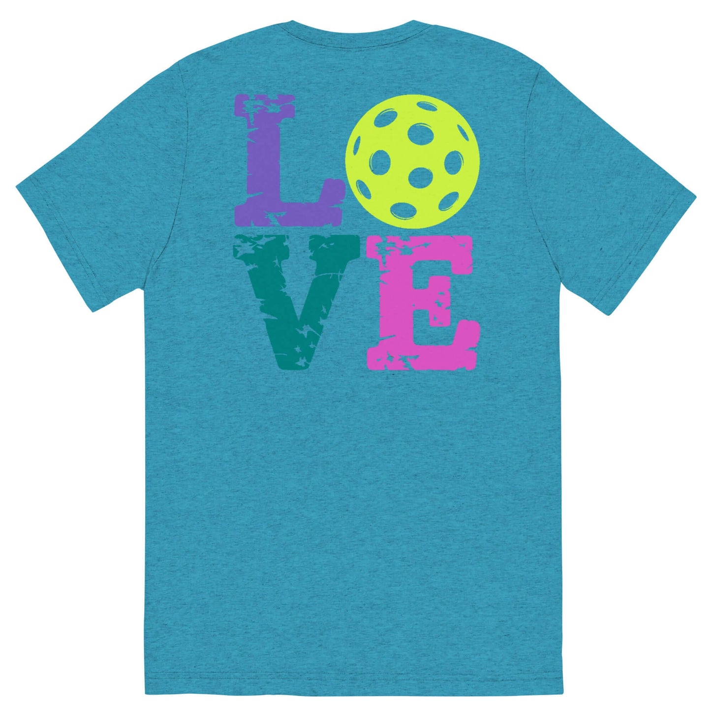 Back view of women's LOVE pickleball short sleeve shirt featuring colorful lettering and a bright pickleball design.