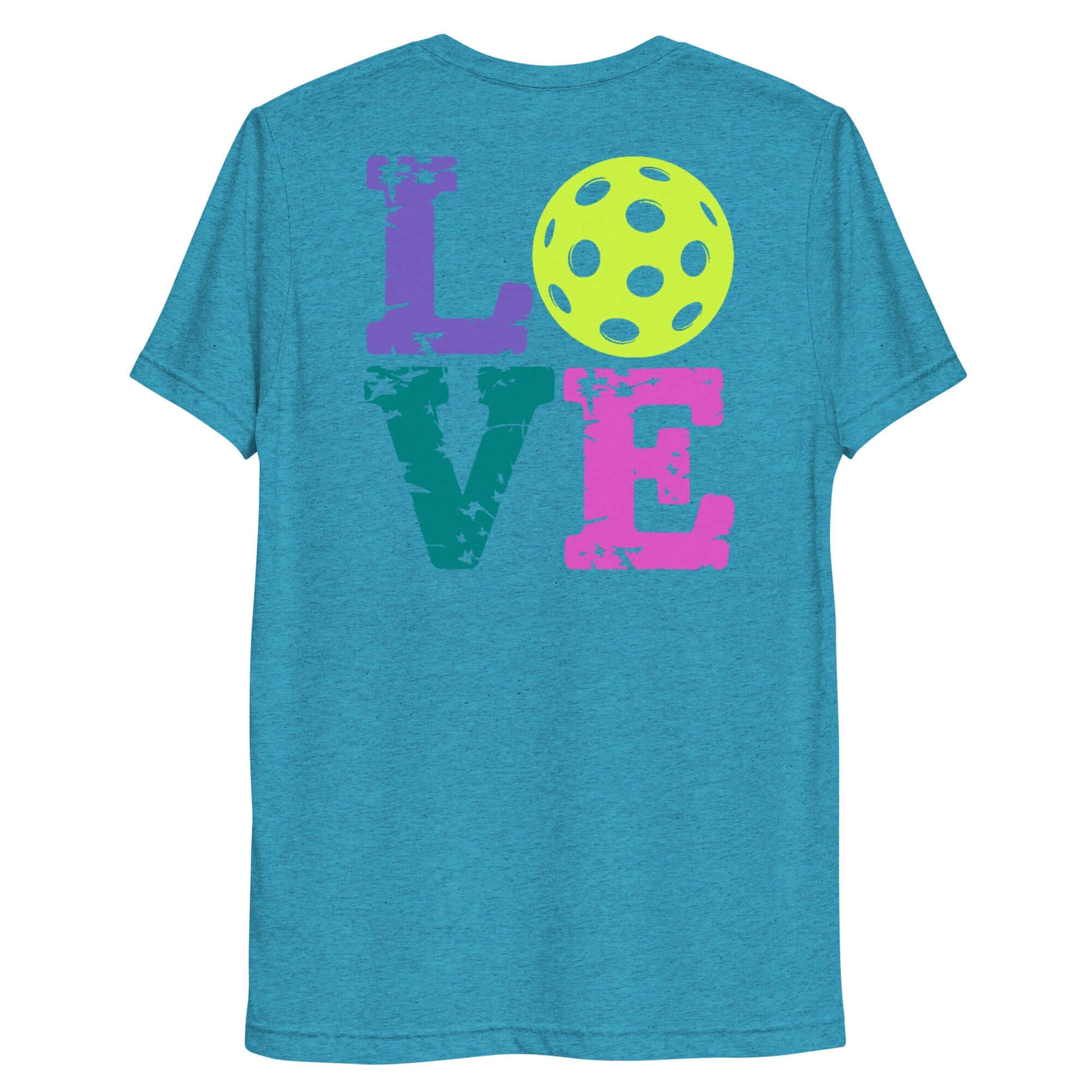 Women’s LOVE Pickleball Short Sleeve Shirt featuring colorful text and a pickleball graphic.