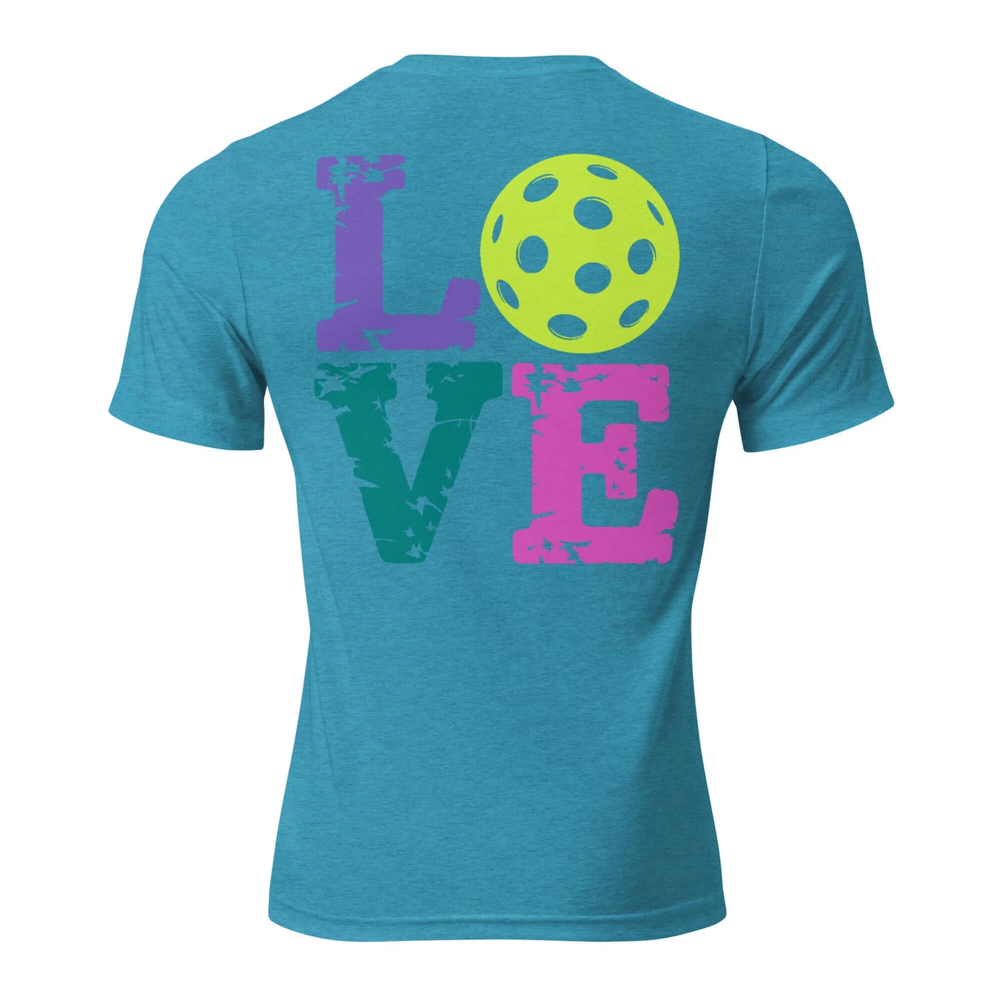 Back view of a women's turquoise shirt featuring colorful 'LOVE' design and a pickleball graphic.