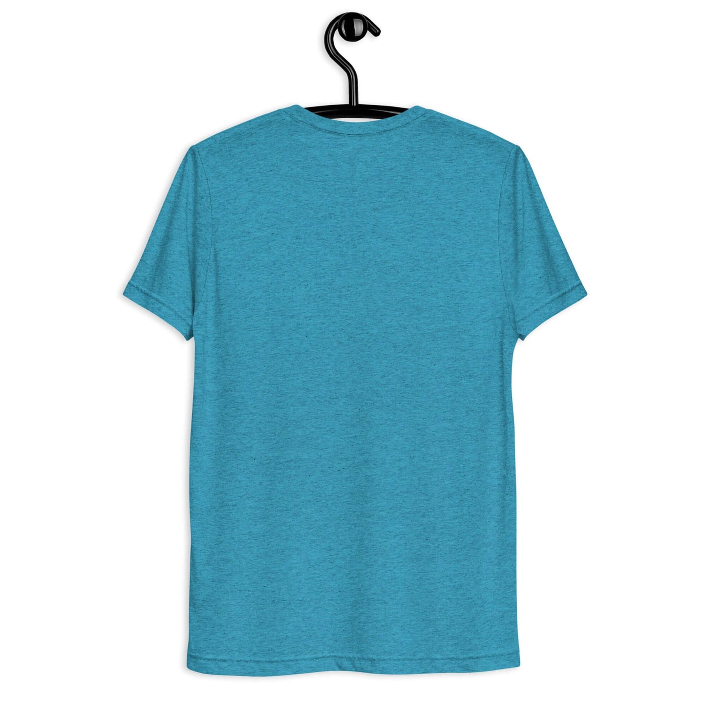 Back view of a women's LOVE pickleball short sleeve shirt in teal hanging on a black hanger.