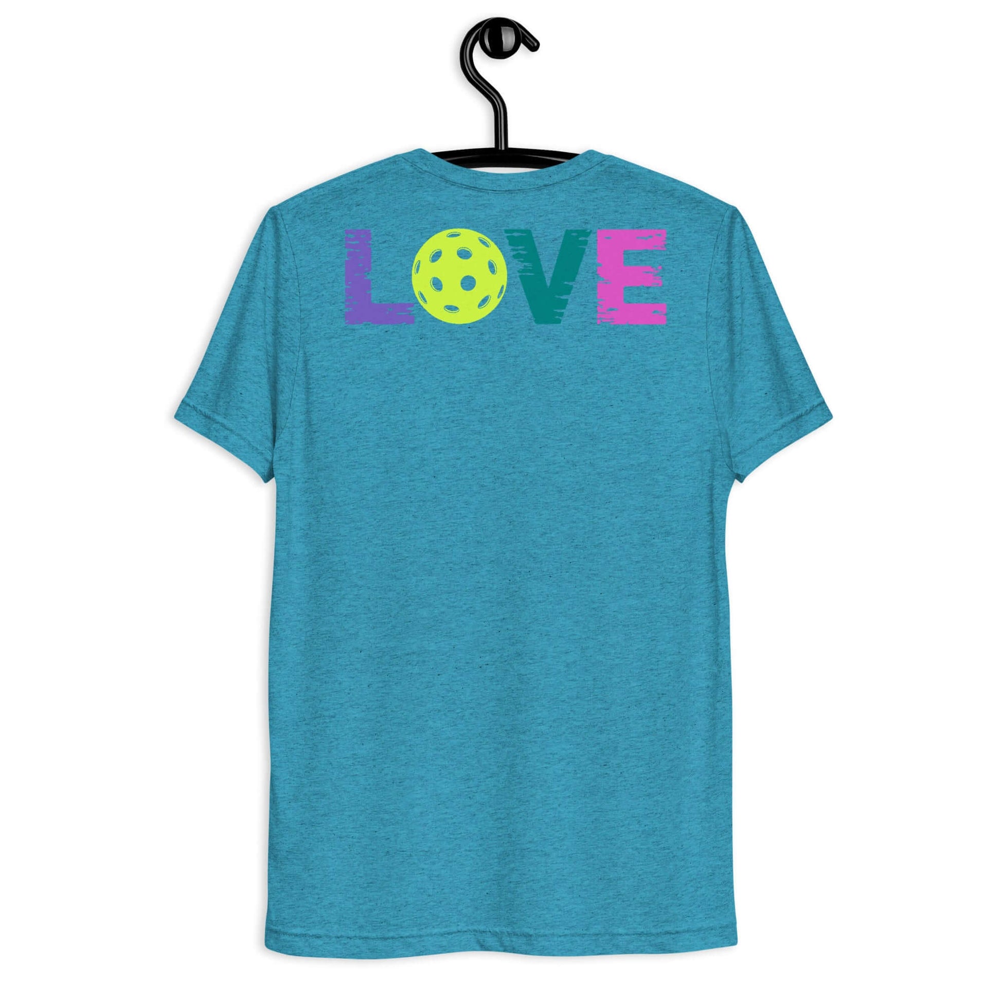 Women’s LOVE Pickleball Short Sleeve Shirt in teal with colorful 'LOVE' and pickleball design on back.