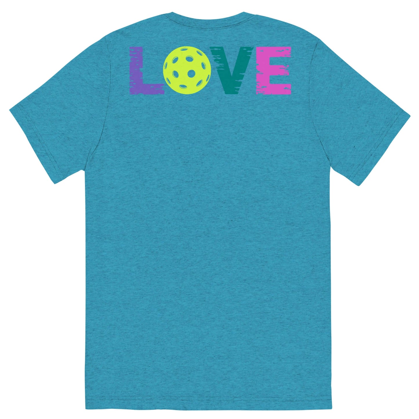 Back view of Women's LOVE Pickleball Short Sleeve Shirt in teal with colorful LOVE text and pickleball design.