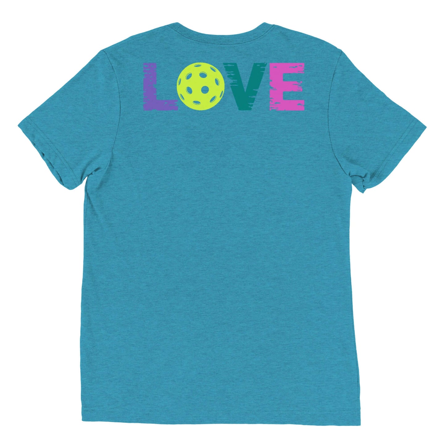 Women’s LOVE Pickleball Short Sleeve Shirt in teal with colorful 'LOVE' and pickleball graphic on back.