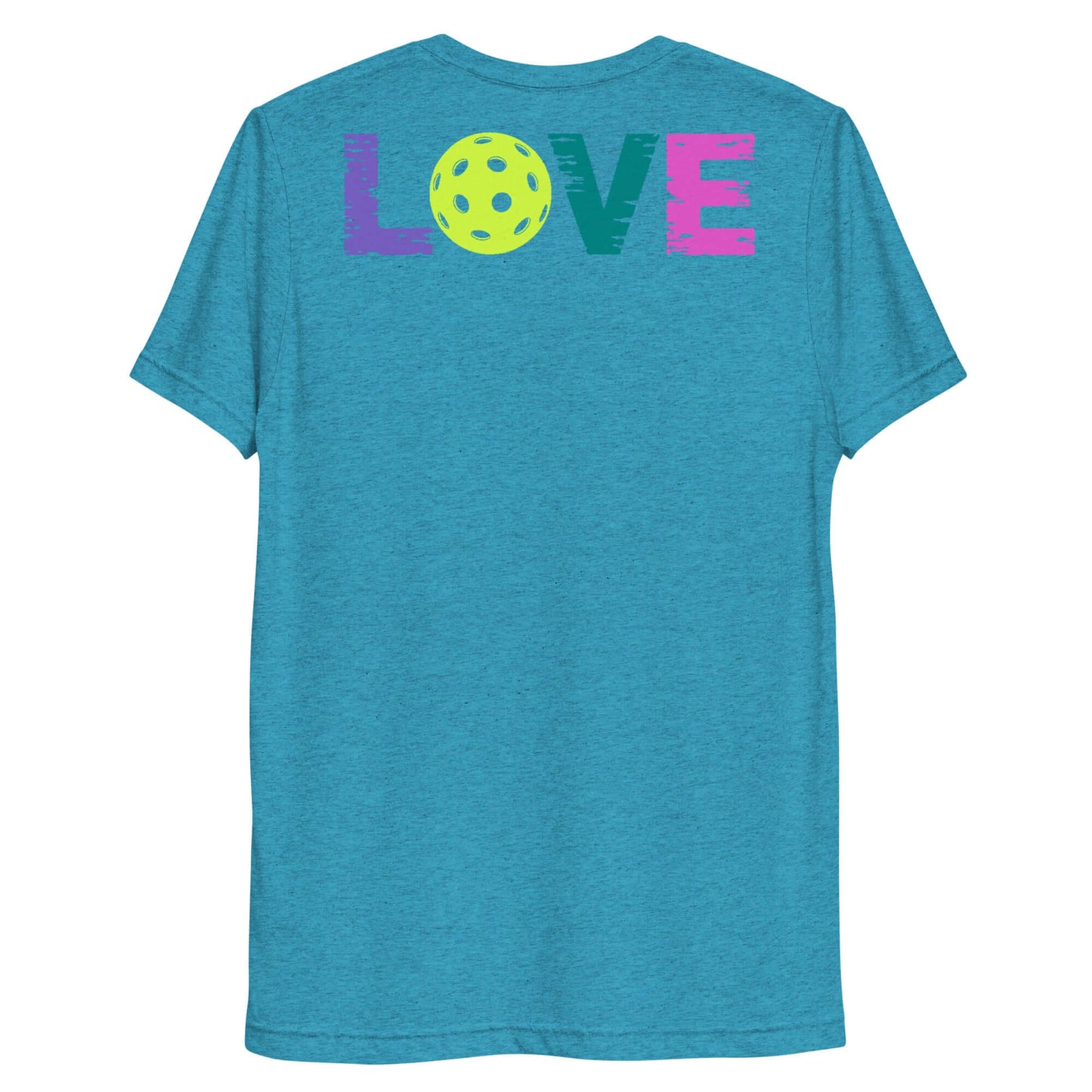 Back of women's LOVE pickleball short sleeve shirt in teal with colorful lettering and a pickleball graphic.