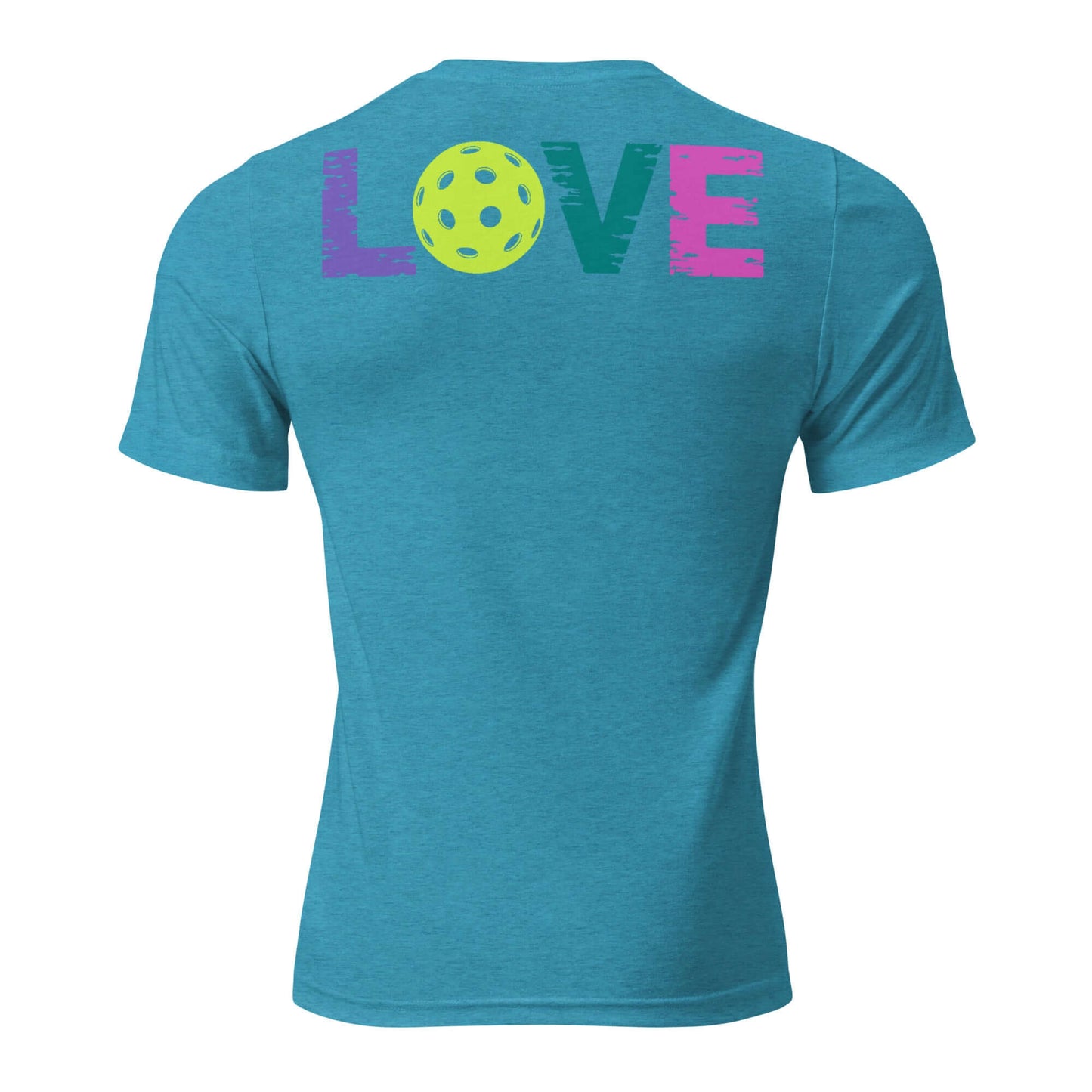 Back view of Women’s LOVE Pickleball Short Sleeve Shirt in teal featuring colorful 'LOVE' graphic and pickleball design.