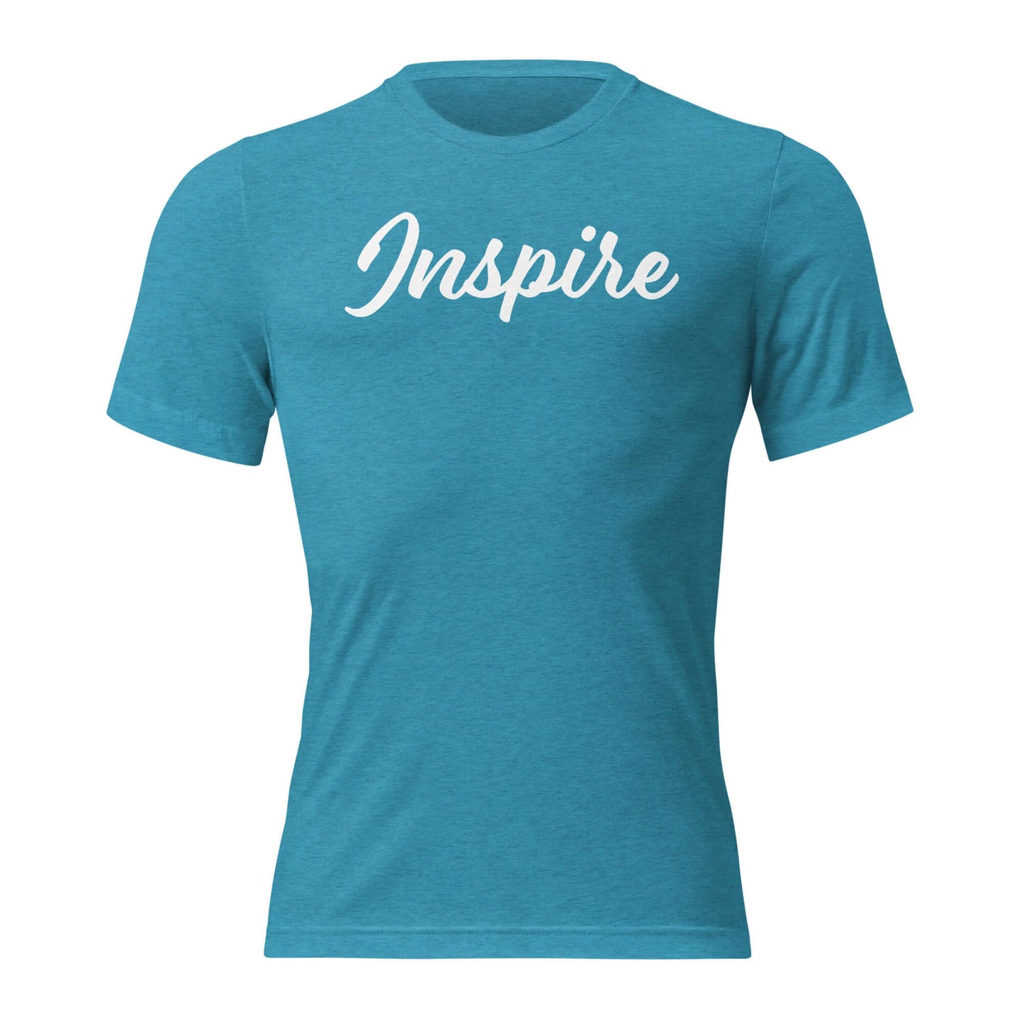 Women's turquoise 'Inspire' script t-shirt, a reminder of positivity and inner spark.