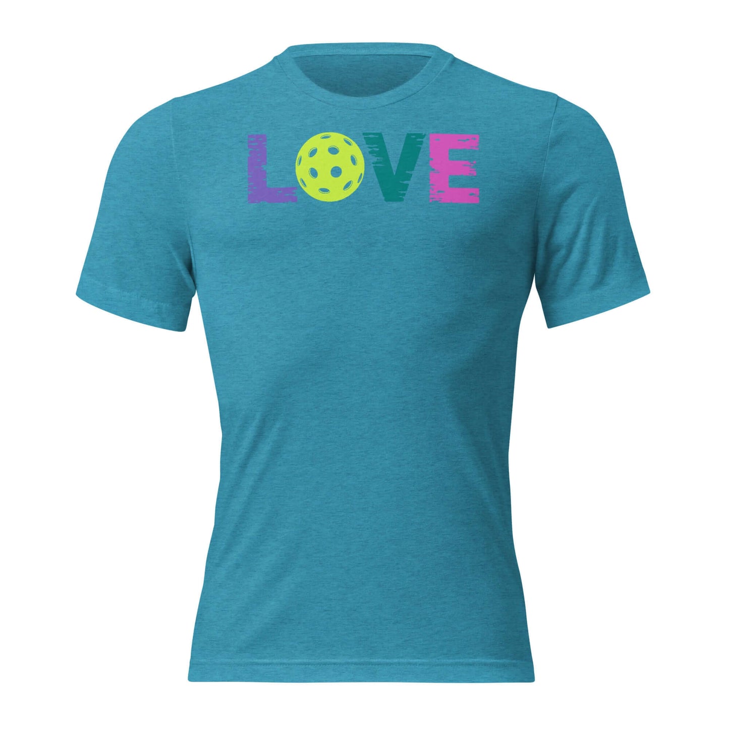 Women’s LOVE Pickleball Short Sleeve Shirt in teal with colorful lettering and a pickleball graphic.