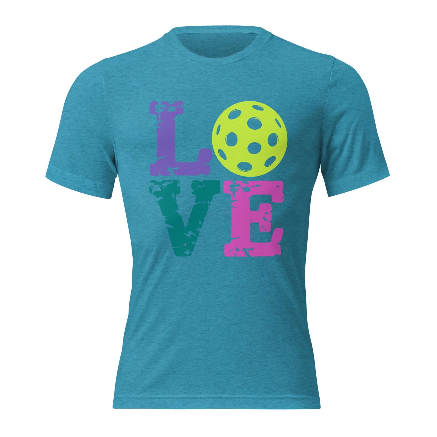 Women’s LOVE Pickleball Short Sleeve Shirt in teal with colorful text and pickleball graphic.