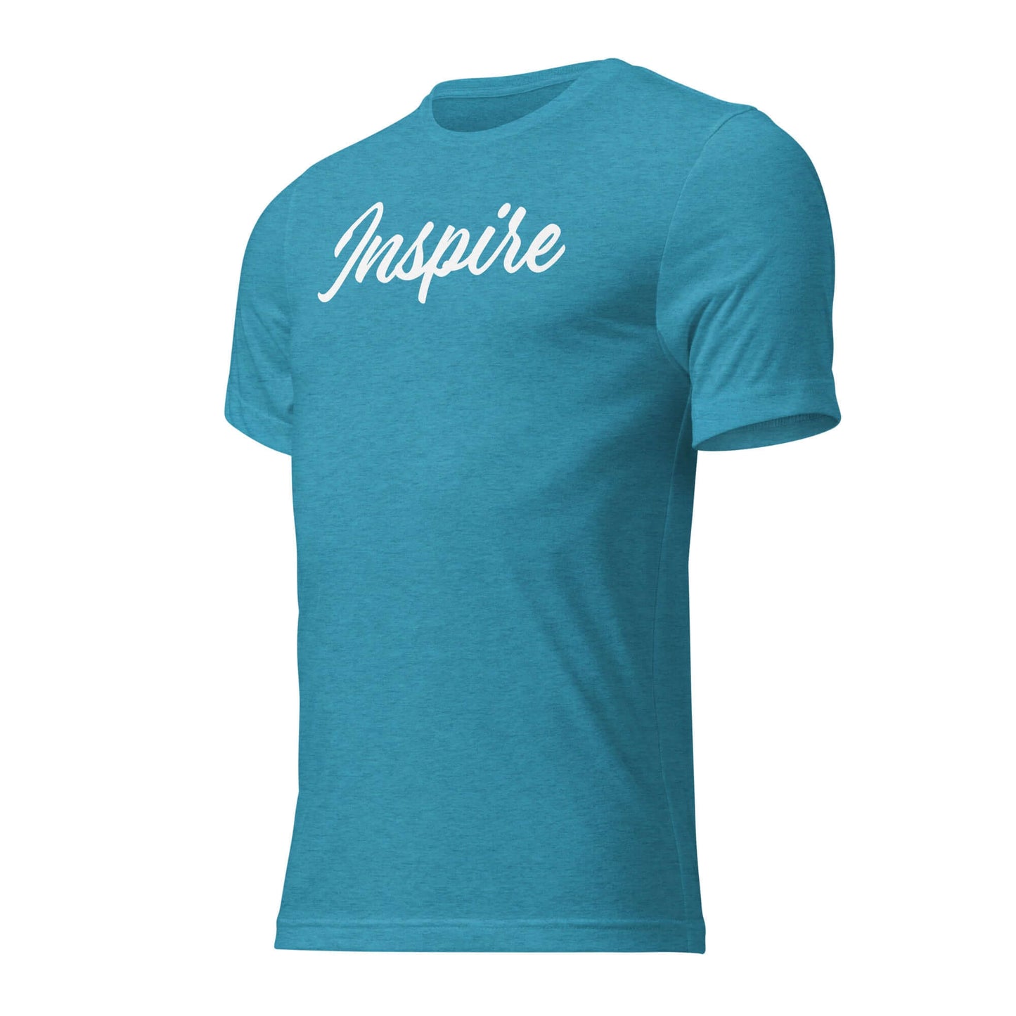 Women's Inspire Script T-Shirt in teal, featuring elegant script design for daily motivation and positivity.