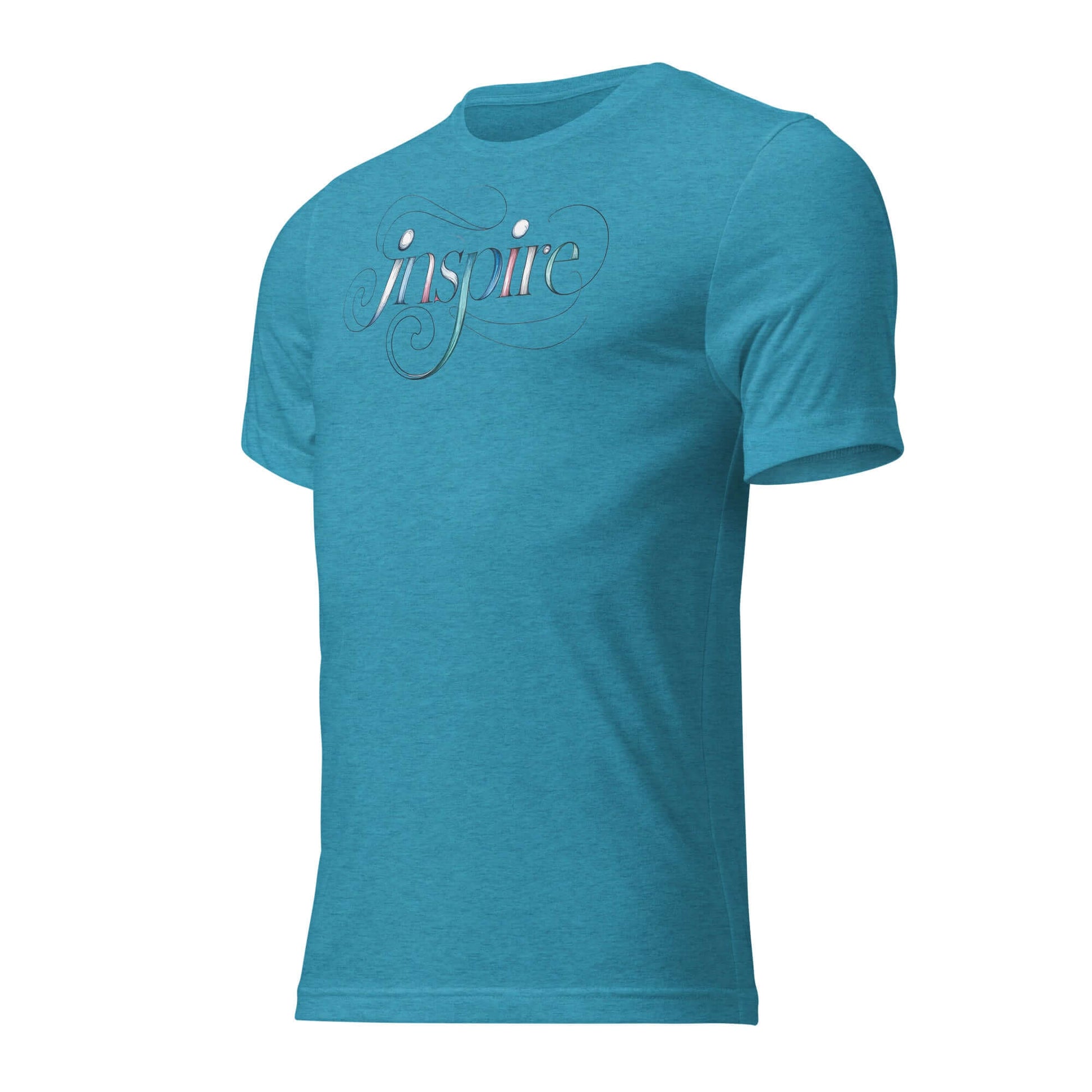 Inspire Sketch women's short sleeve t-shirt in teal featuring elegant word art design on the front.