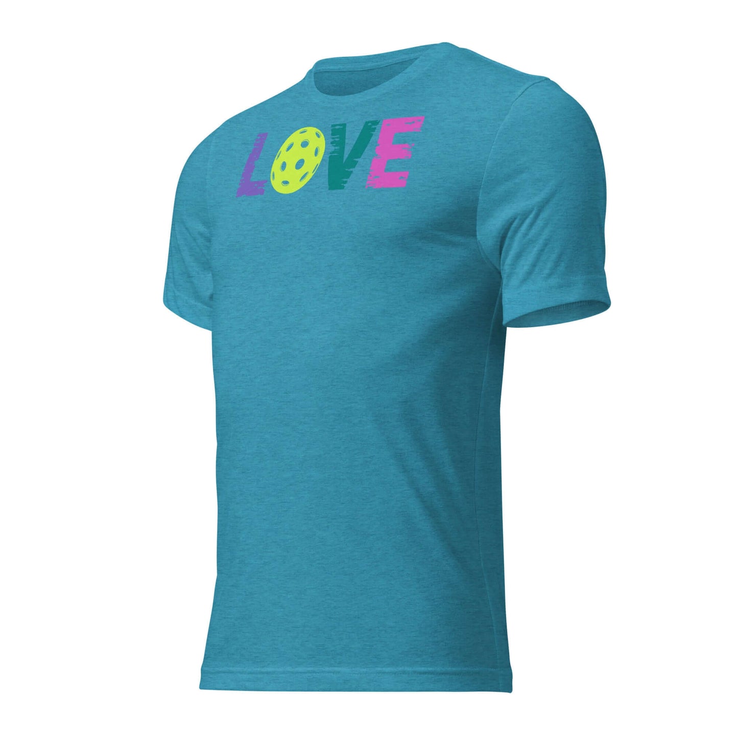 Teal women’s short sleeve shirt featuring 'LOVE' and a pickleball graphic, perfect for sport and casual wear.