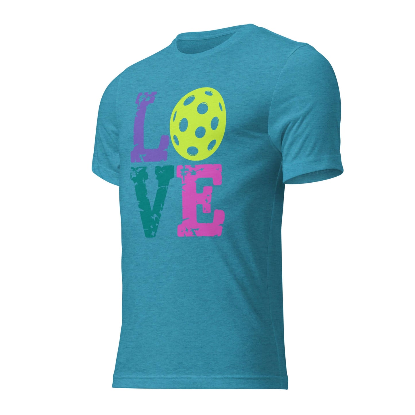 Women’s LOVE Pickleball Short Sleeve Shirt featuring vibrant colors and pickleball graphic design.