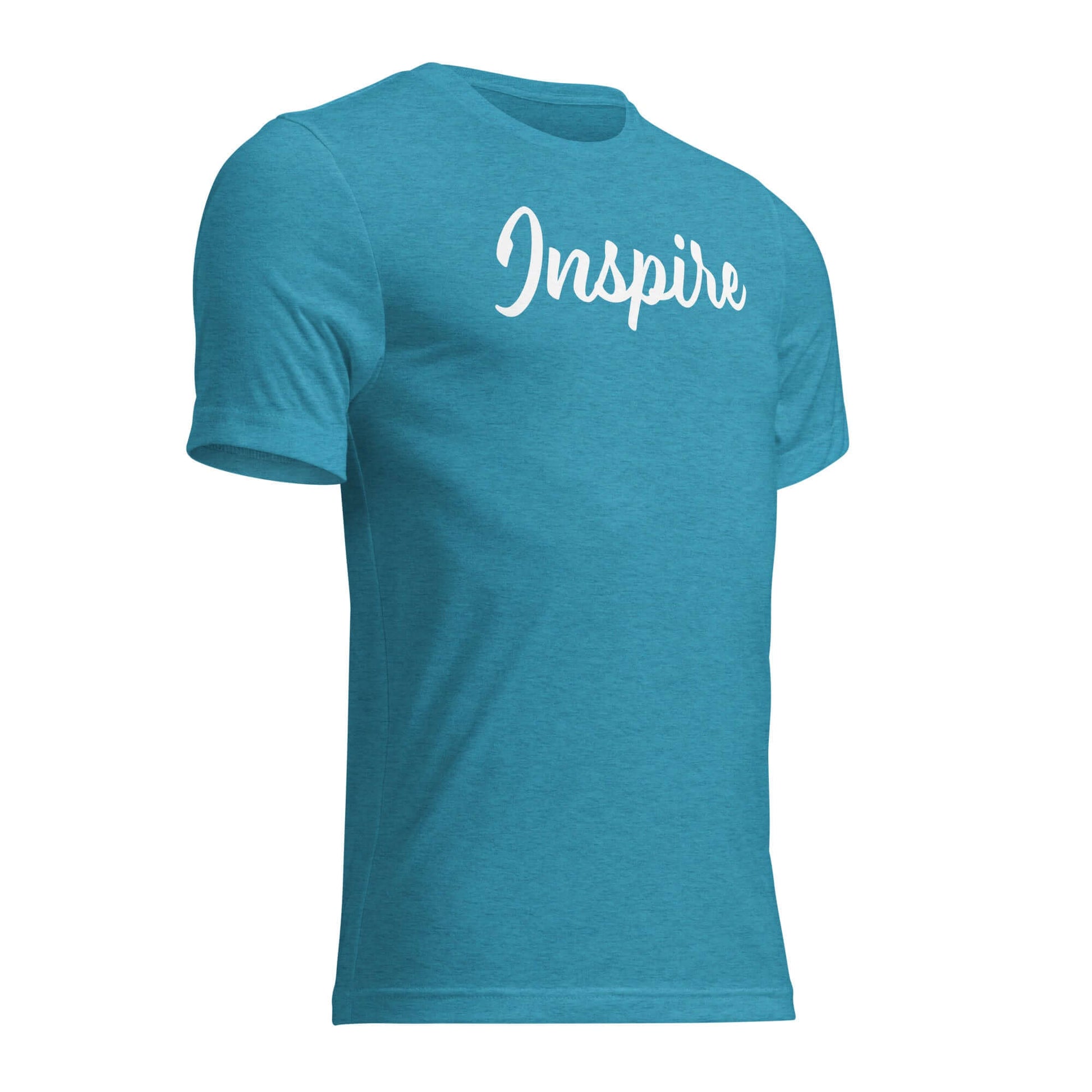 Women's 'Inspire' Script T-Shirt in teal with elegant script design promoting positivity and self-inspiration.