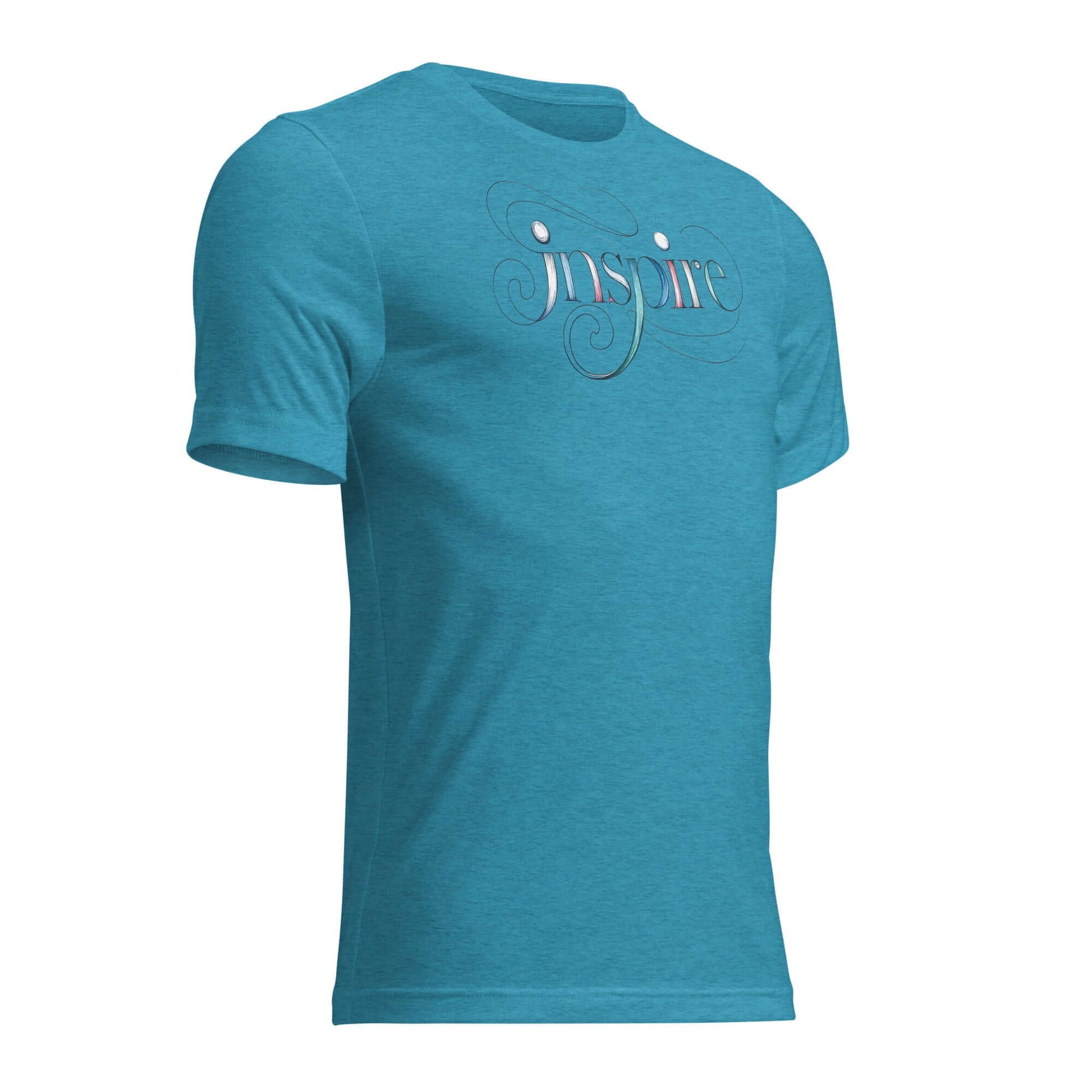 Inspire Sketch Women's Short Sleeve T-Shirt in teal with elegant word art design on the front.