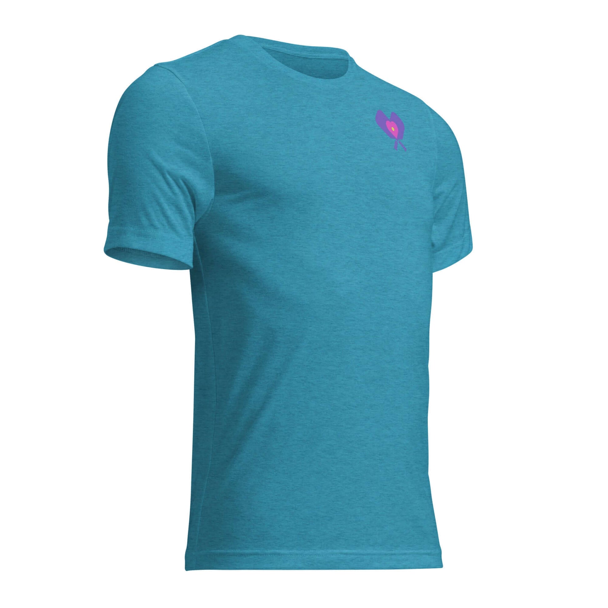 Women’s LOVE Pickleball Short Sleeve Shirt in teal with heart graphic, perfect for players and fans.