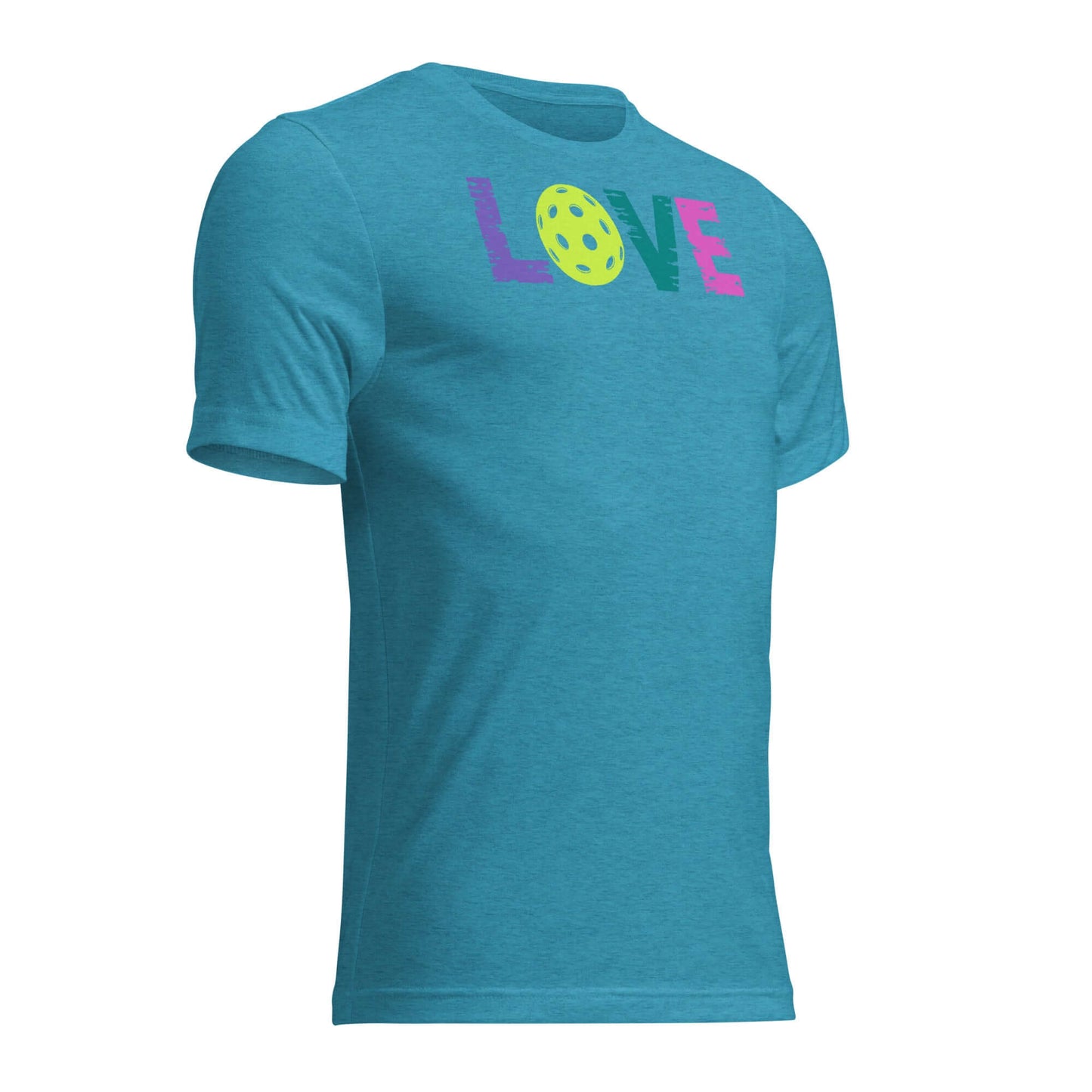 Women’s LOVE Pickleball Short Sleeve Shirt in teal, featuring vibrant 'LOVE' design and pickleball graphic.