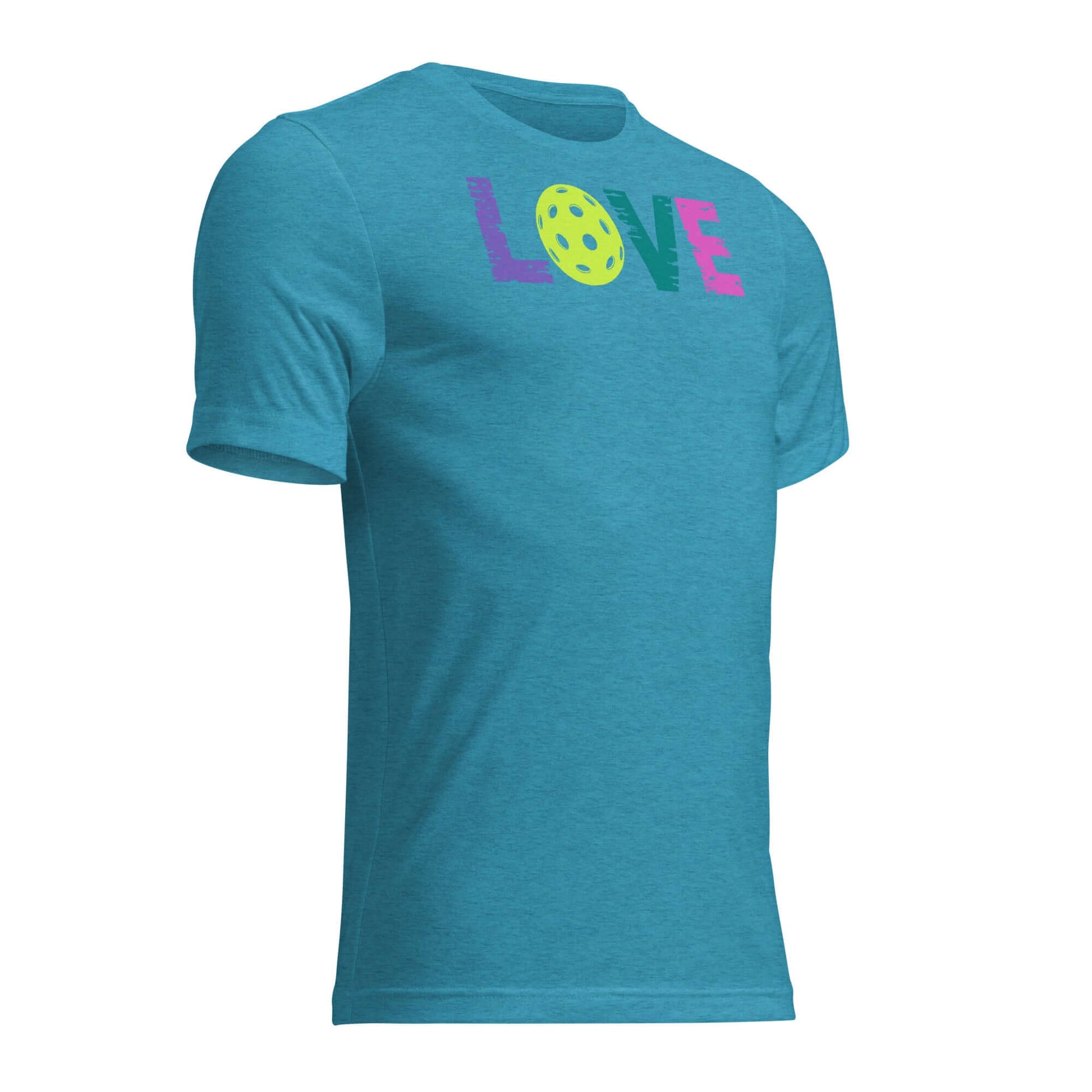 Women’s LOVE Pickleball Short Sleeve Shirt in teal, featuring vibrant 'LOVE' design and pickleball graphic.