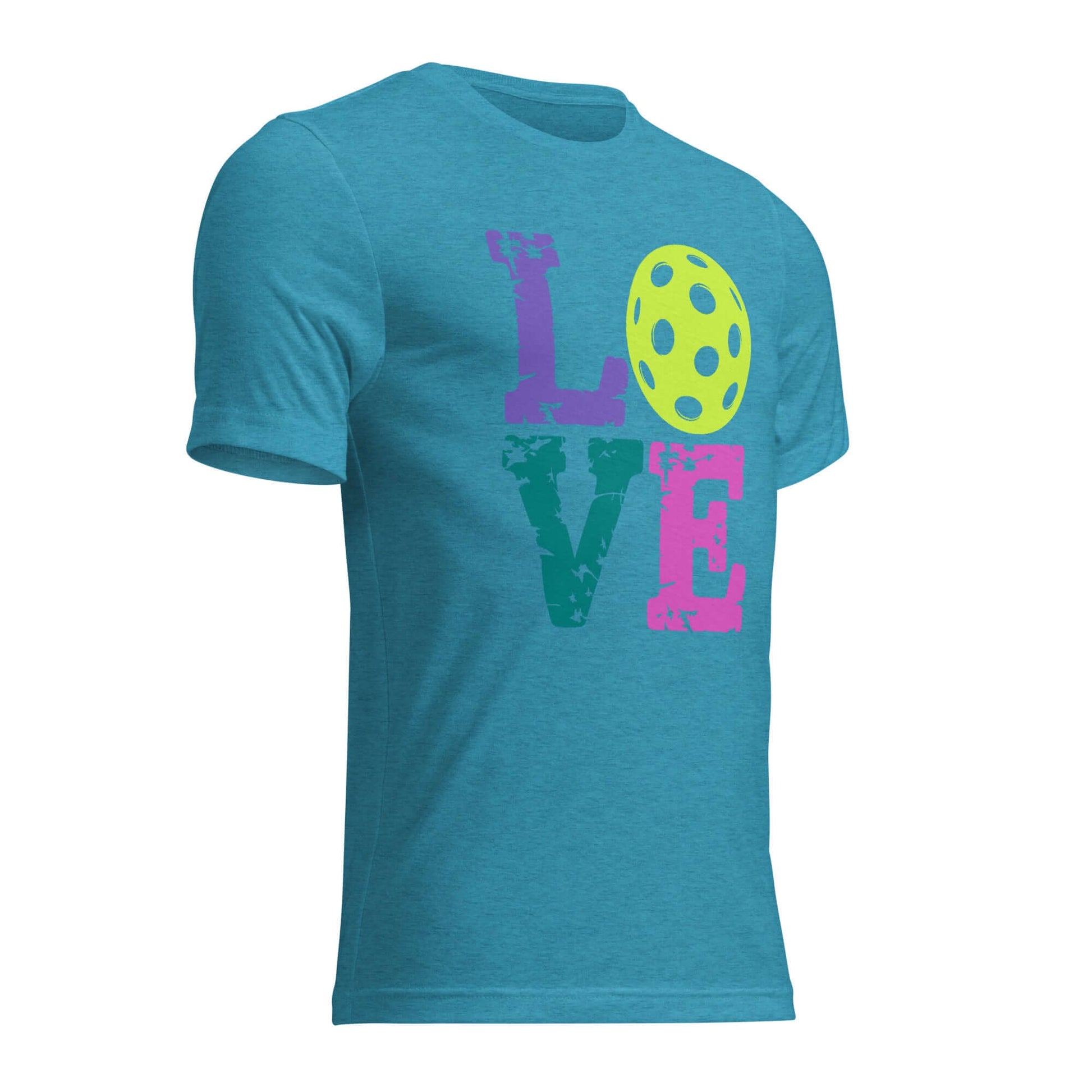 Teal Women’s LOVE Pickleball Short Sleeve Shirt featuring colorful text and pickleball graphic.