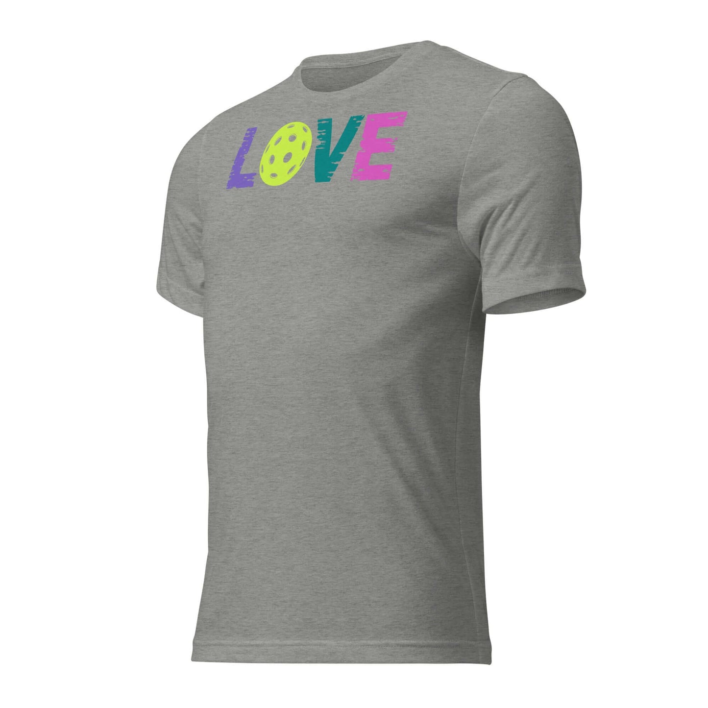 Women's LOVE Pickleball Short Sleeve Shirt in gray with colorful 'LOVE' graphic.