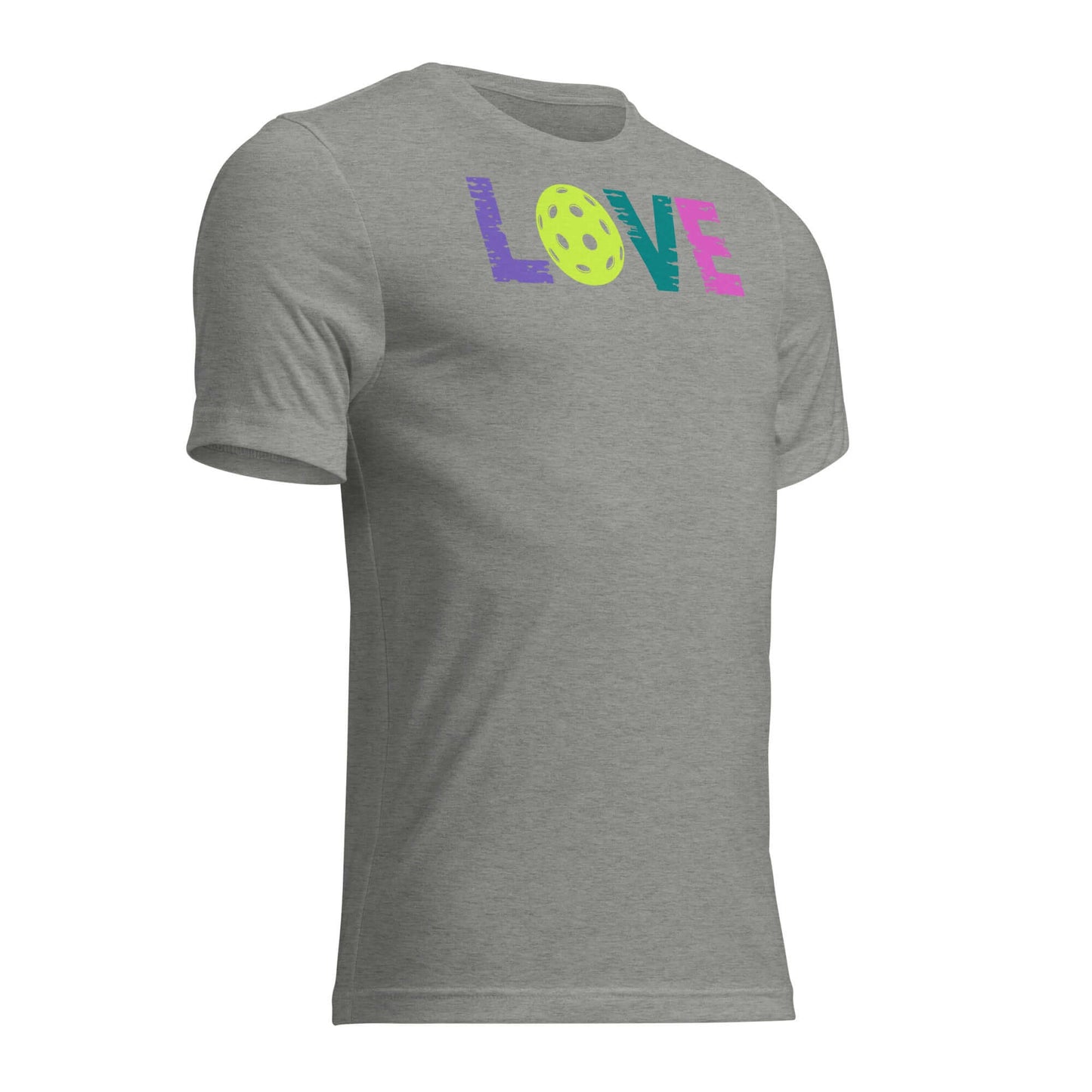 Women’s LOVE Pickleball Short Sleeve Shirt in gray, featuring colorful 'LOVE' design and pickleball graphic.