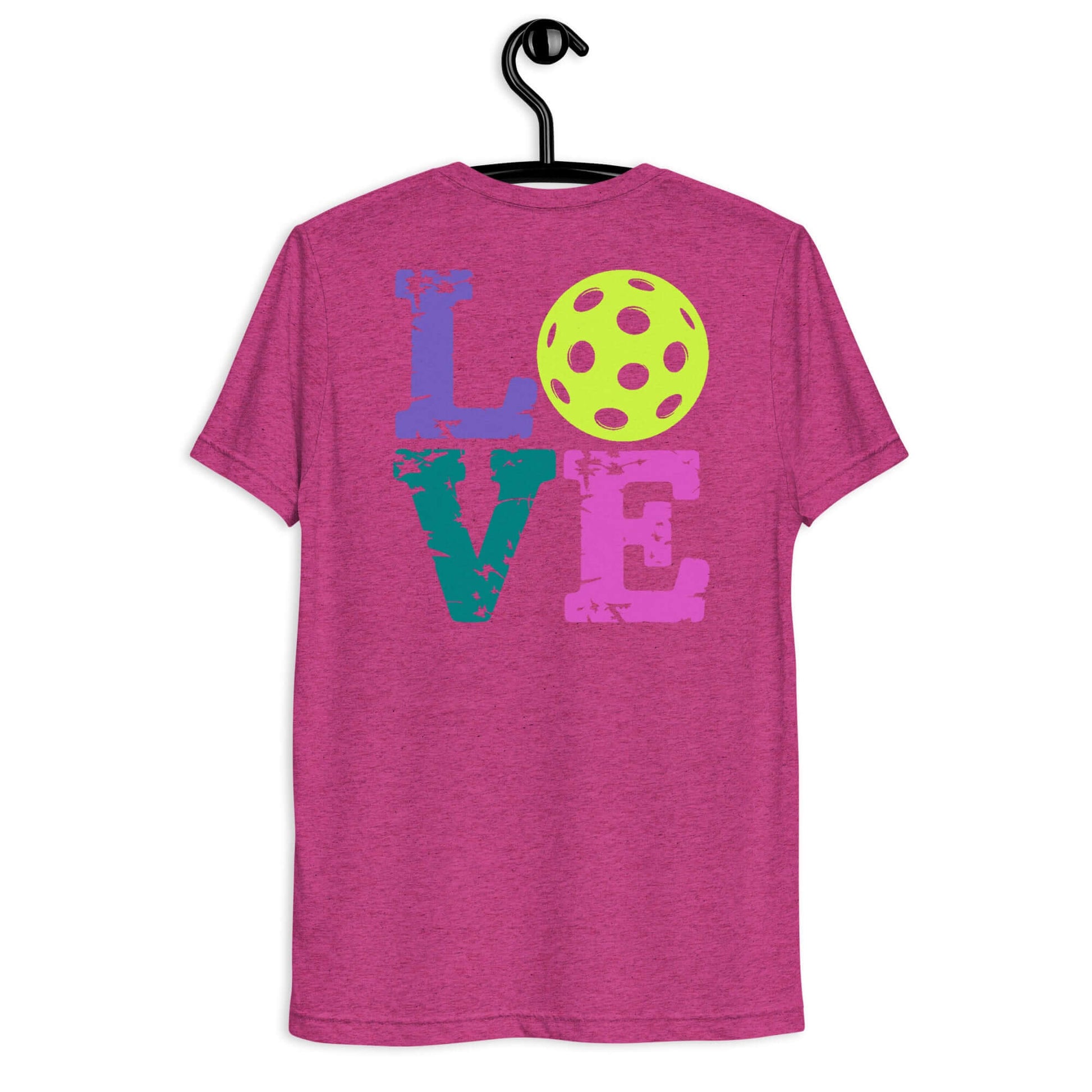 Women’s LOVE Pickleball Short Sleeve Shirt in vibrant pink, featuring colorful 'LOVE' graphic and a pickleball design.