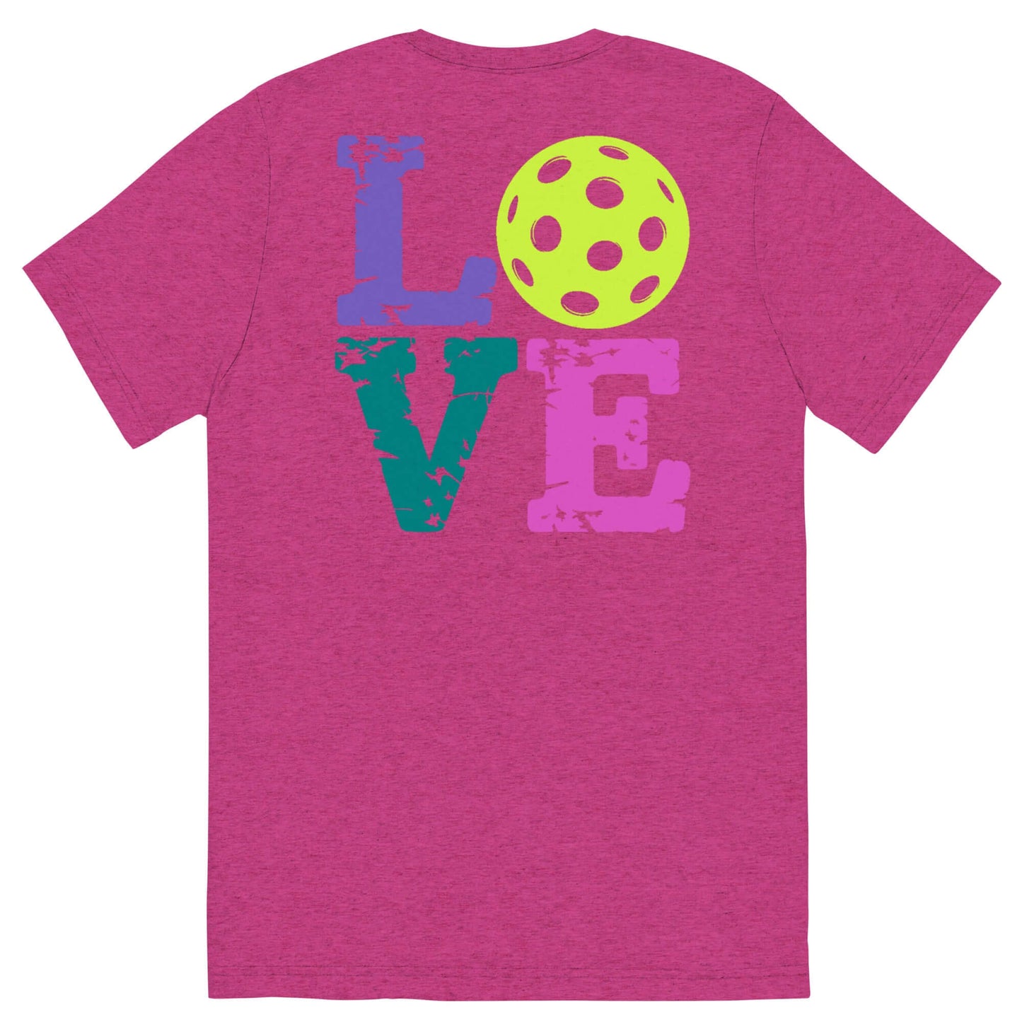 Women’s LOVE Pickleball Short Sleeve Shirt in pink with colorful LOVE design and yellow pickleball graphic on the back.