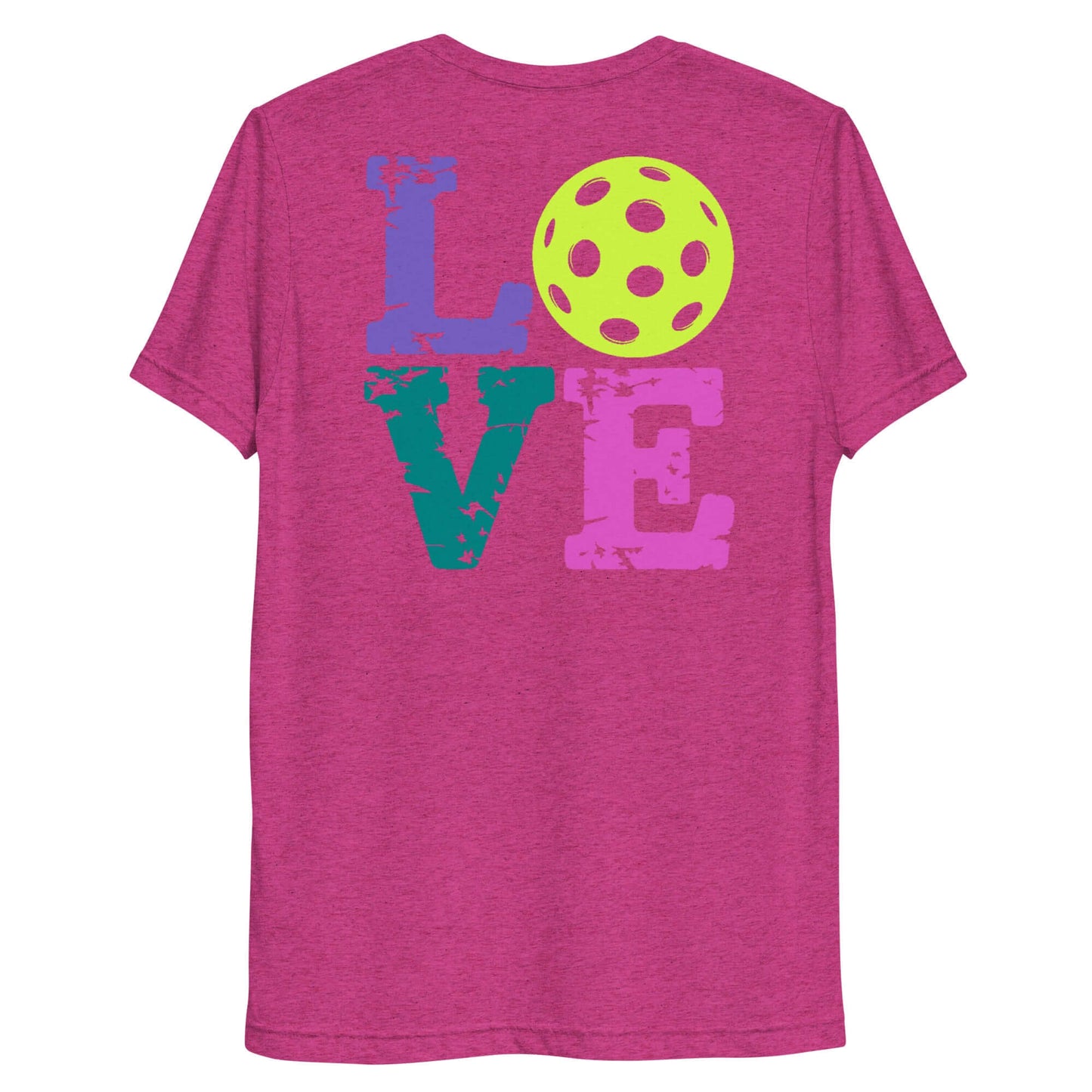 Women’s LOVE Pickleball Short Sleeve Shirt in vibrant pink with colorful LOVE graphic and pickleball design.