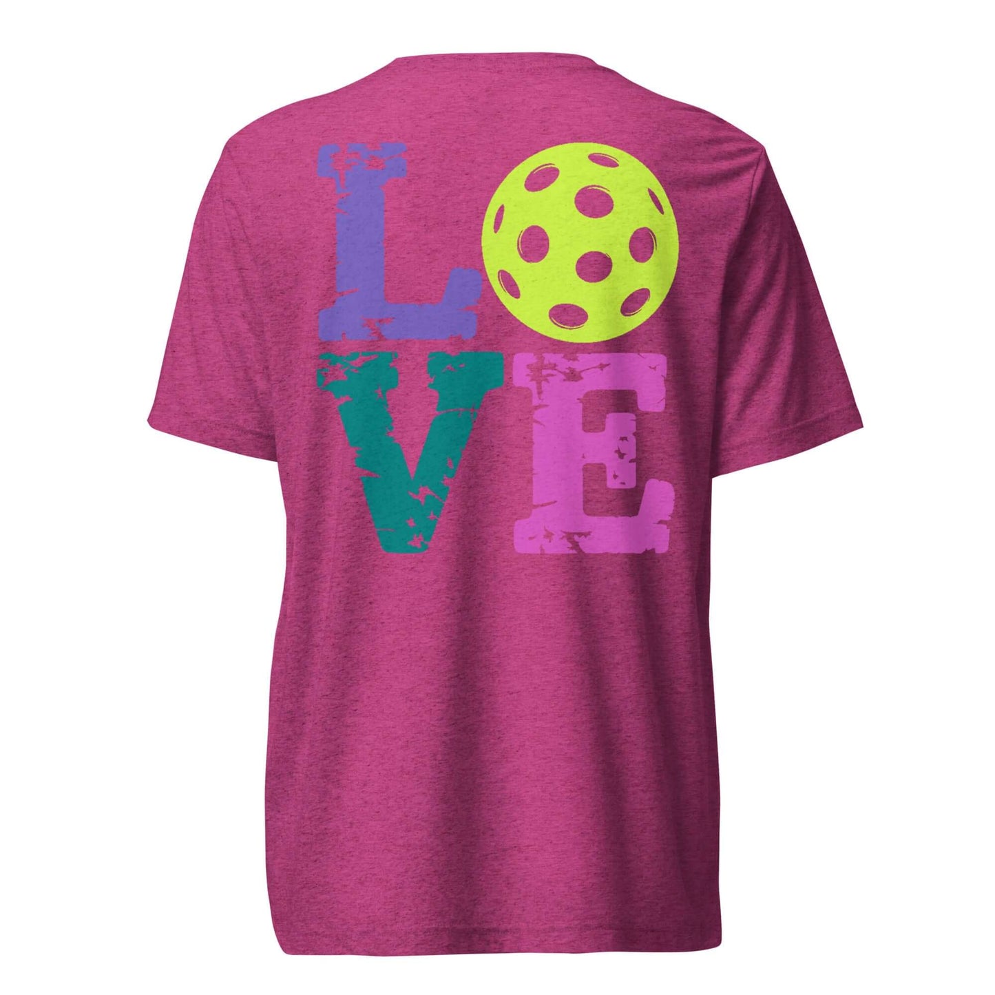 Back view of Women's LOVE Pickleball Short Sleeve Shirt featuring colorful text and a pickleball design.