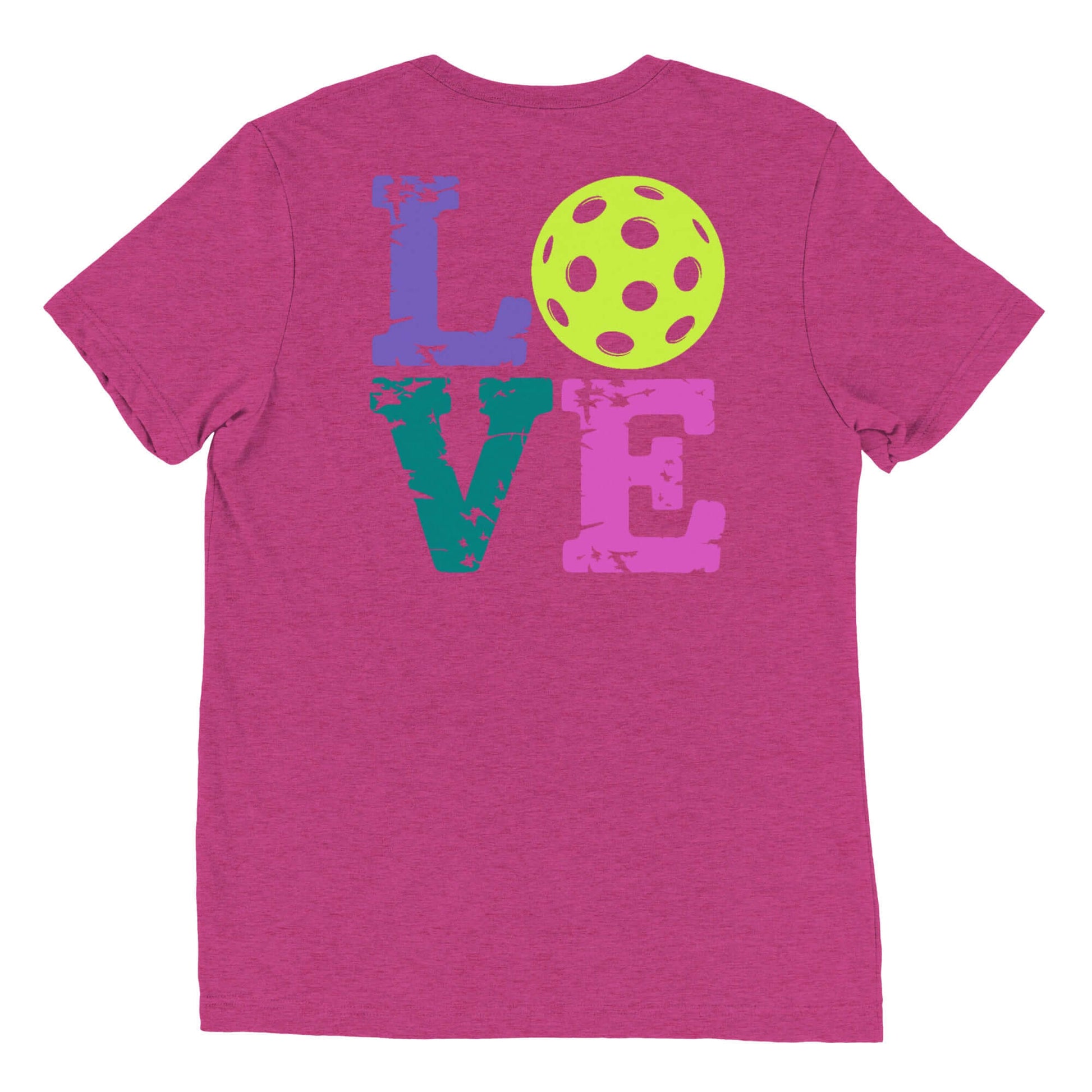 Women’s LOVE Pickleball Short Sleeve Shirt, fuchsia color with vibrant lettering and a pickleball graphic on the back.