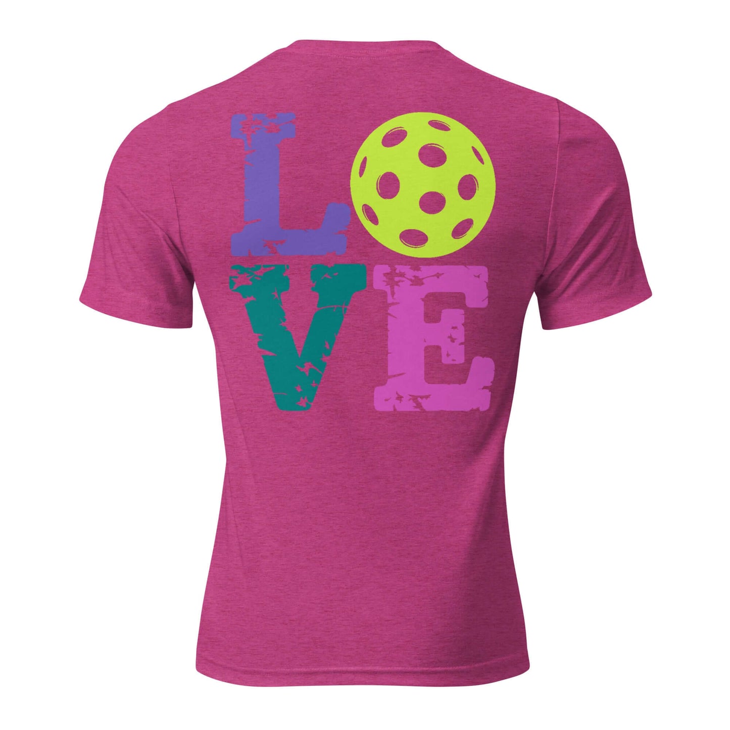 Women’s LOVE Pickleball Short Sleeve Shirt in pink with colorful letters and pickleball graphic on the back.