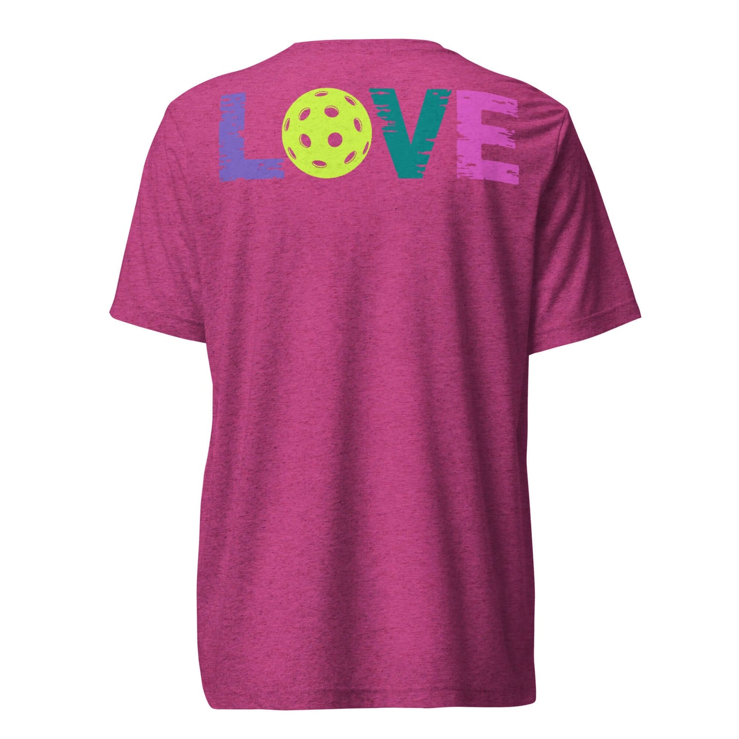 Back view of Women's LOVE Pickleball Short Sleeve Shirt in vibrant pink with colorful 'LOVE' graphic.