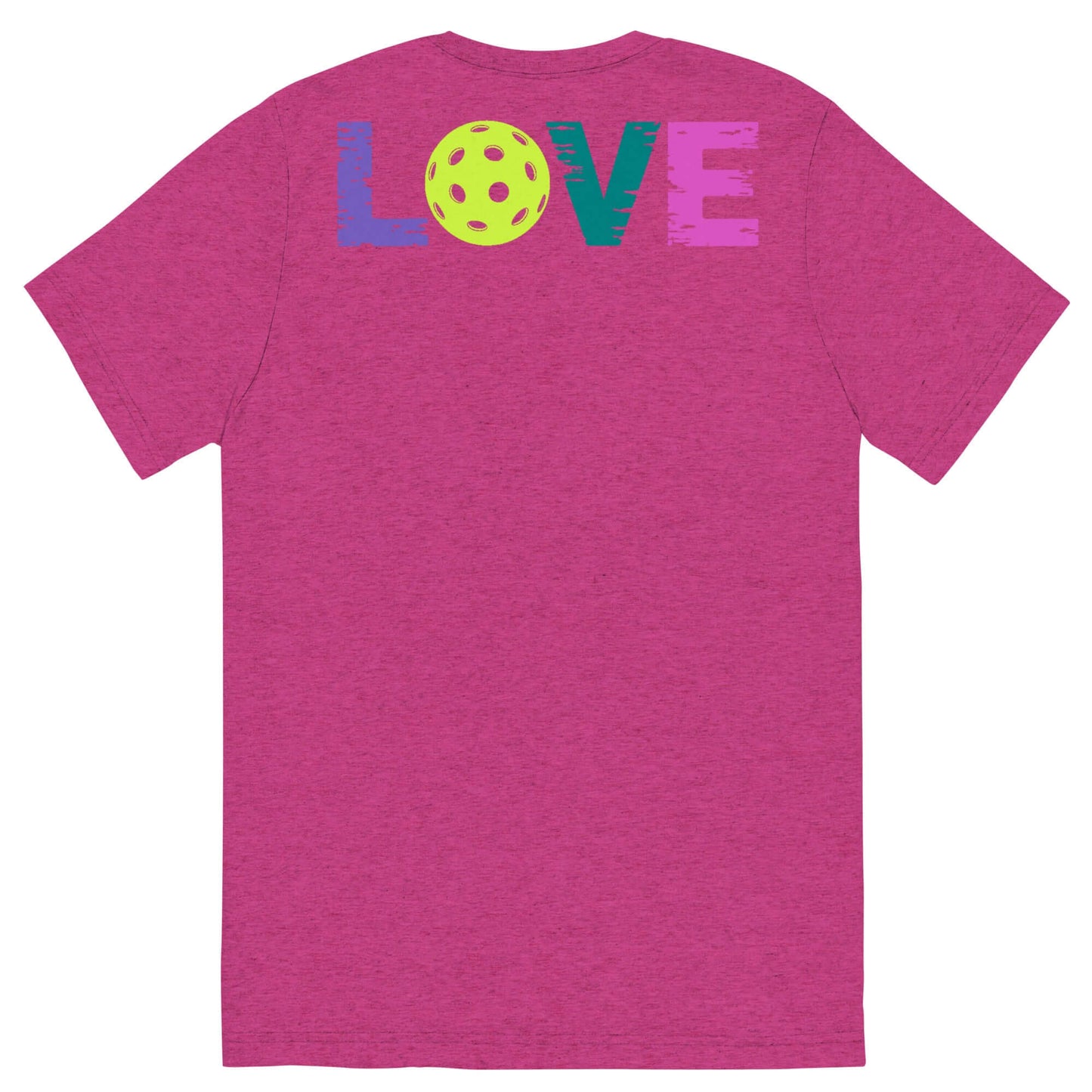 Women's LOVE Pickleball short sleeve shirt back view in vibrant pink with colorful lettering and pickleball graphic.