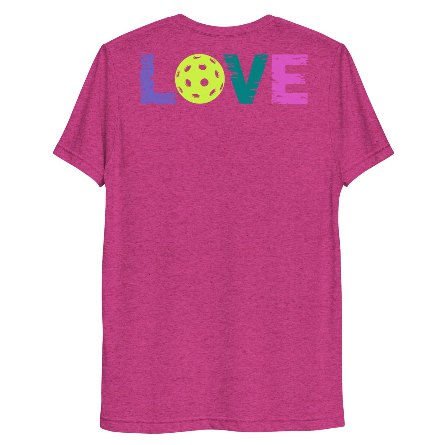 Back view of Women's LOVE Pickleball short sleeve shirt in vibrant pink, featuring colorful LOVE and a pickleball graphic.