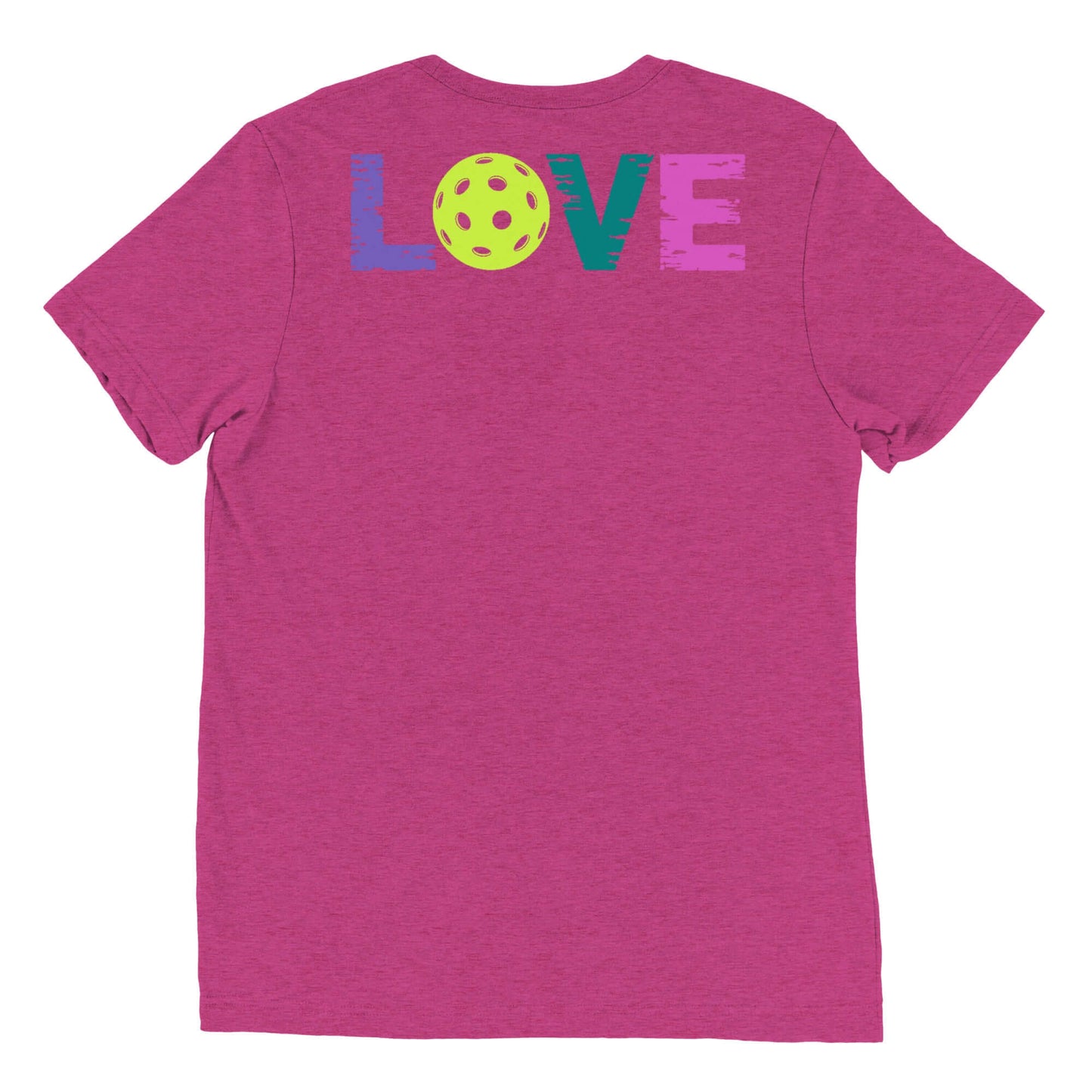 Back view of Women's LOVE Pickleball Short Sleeve Shirt in pink with colorful 'LOVE' text and pickleball design