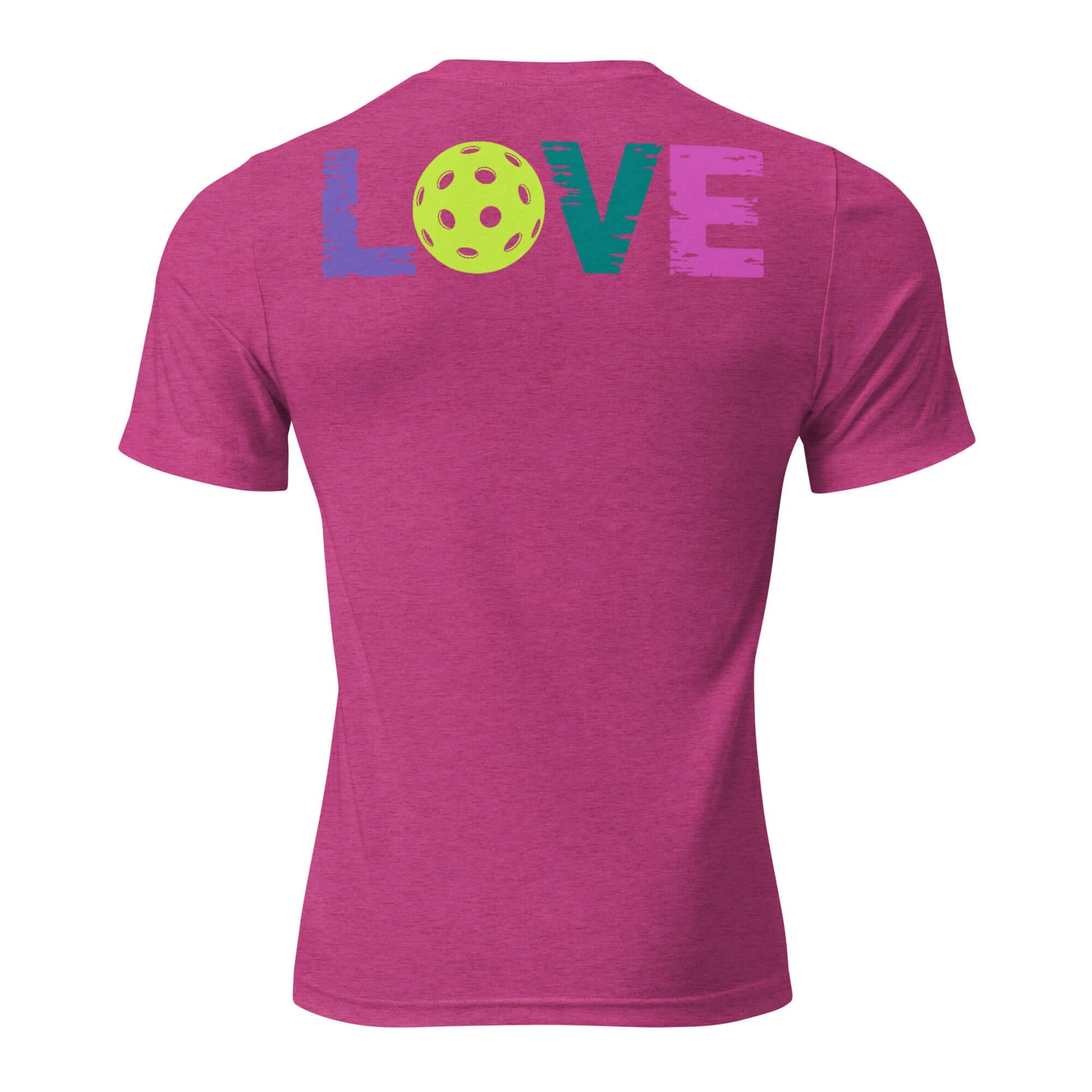 Back view of Women's LOVE Pickleball Short Sleeve Shirt featuring colorful 'LOVE' and a pickleball graphic.