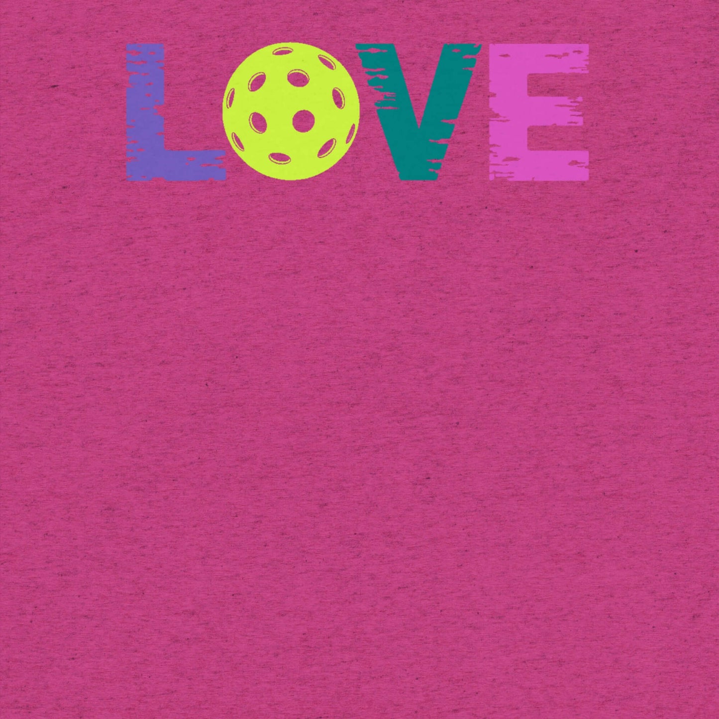 Pink women’s shirt with colorful 'LOVE' text and a pickleball graphic, perfect for pickleball enthusiasts.