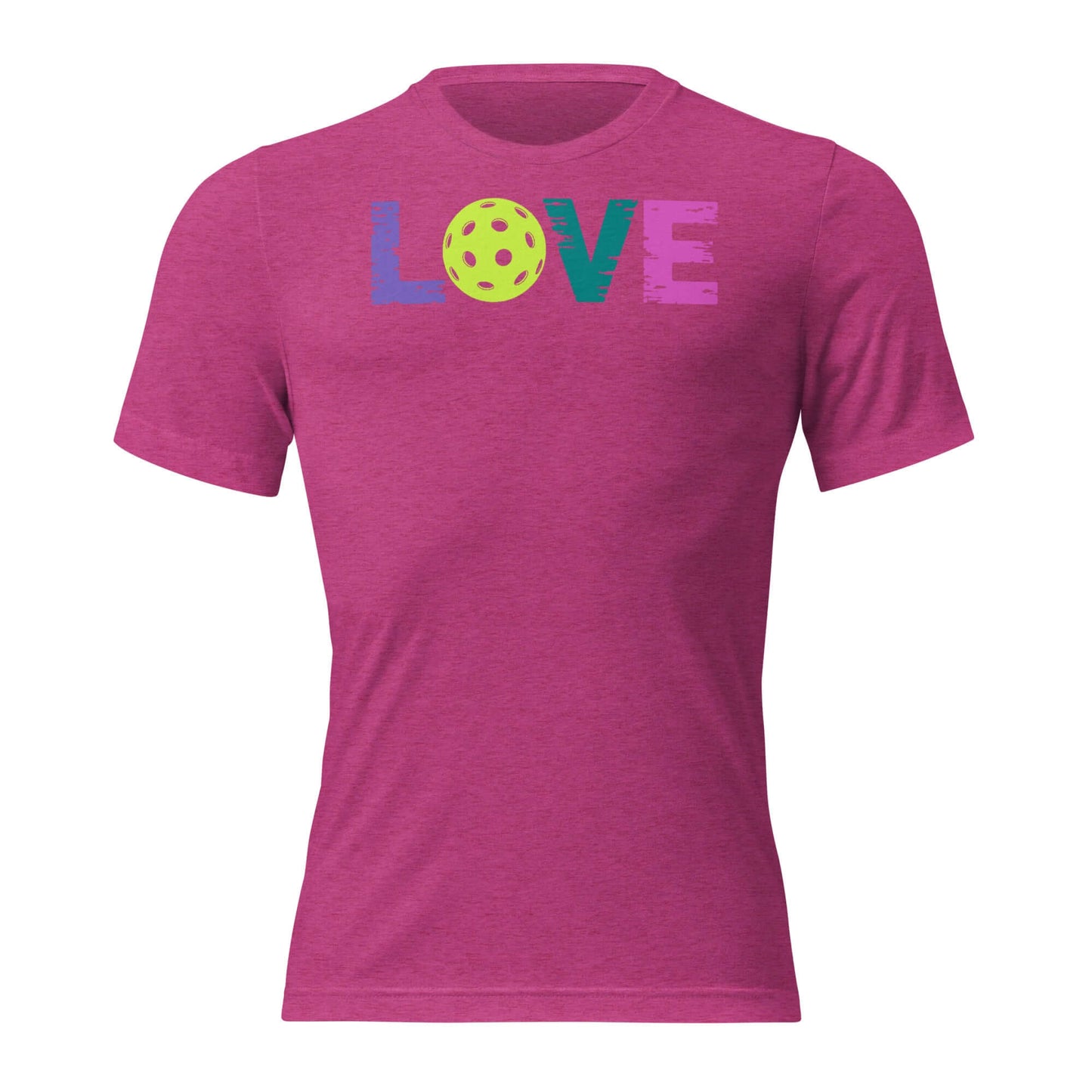 Women’s LOVE Pickleball Short Sleeve Shirt in vibrant pink with colorful print, ideal for pickleball enthusiasts.