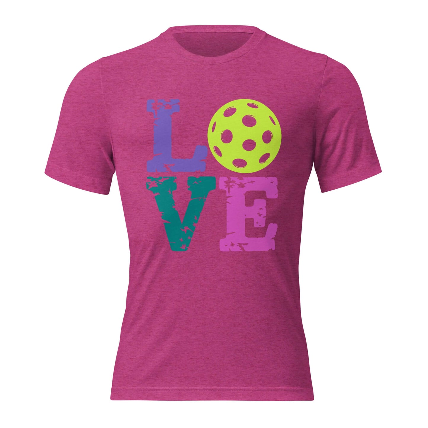 Women’s LOVE Pickleball Short Sleeve Shirt in vibrant pink with colorful typography and pickleball graphic.