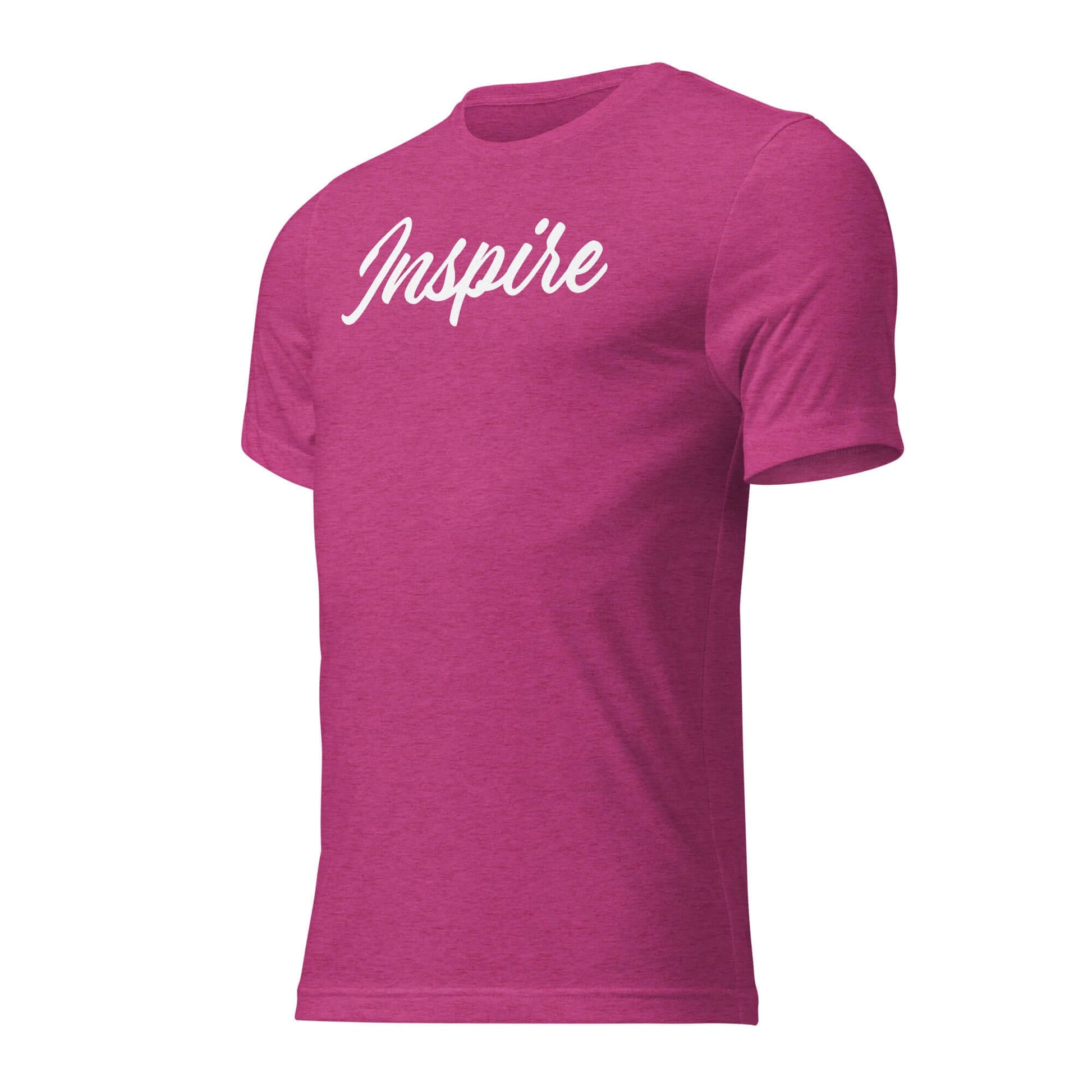 Women's pink Inspire script T-shirt promoting positivity and inner motivation.